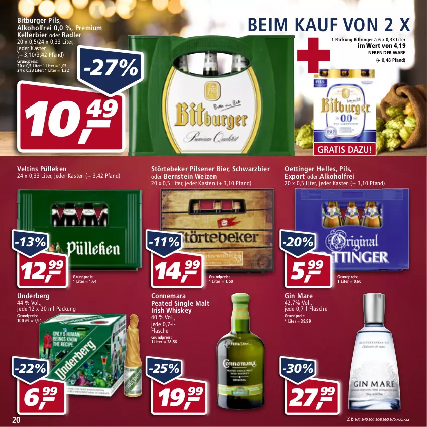 Aktueller Prospekt Real - Real Handzettel - von 31.01 bis 05.02.2022 - strona 20 - produkty: alkohol, bier, bitburger, bitburger pils, burger, eis, elle, flasche, gin, gin mare, irish whiskey, kellerbier, oder radler, oettinger, pils, pilsener, radler, reis, single malt, störtebeker, Ti, underberg, veltins, whiskey