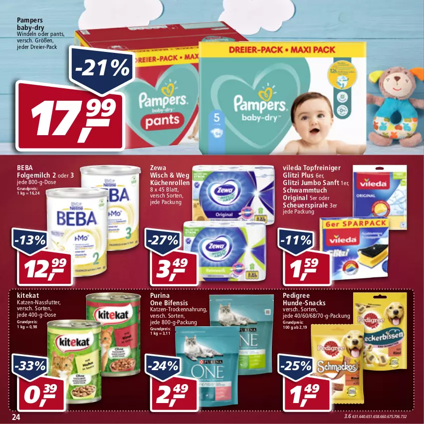 Aktueller Prospekt Real - Real Handzettel - von 31.01 bis 05.02.2022 - strona 24 - produkty: baby-dry, Beba, eier, eis, folgemilch, gin, Heu, jumbo, kitekat, küche, Küchen, küchenrolle, küchenrollen, LG, milch, nassfutter, pampers, Pants, pedigree, purina, reiniger, reis, schwamm, Schwammtuch, snack, snacks, topf, Trockennahrung, tuc, vileda, windeln, windeln oder pants, zewa