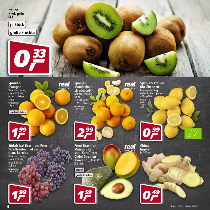 Aktueller Prospekt Real - Real Handzettel - von 31.01 bis 05.02.2022 - strona 4 - produkty: avocado, bio, bio-zitronen, eis, früchte, ingwer, kiwi, mandarine, mandarinen, mango, orange, orangen, reis, Schal, Schale, tafeltrauben, Ti, trauben, zitrone, zitronen