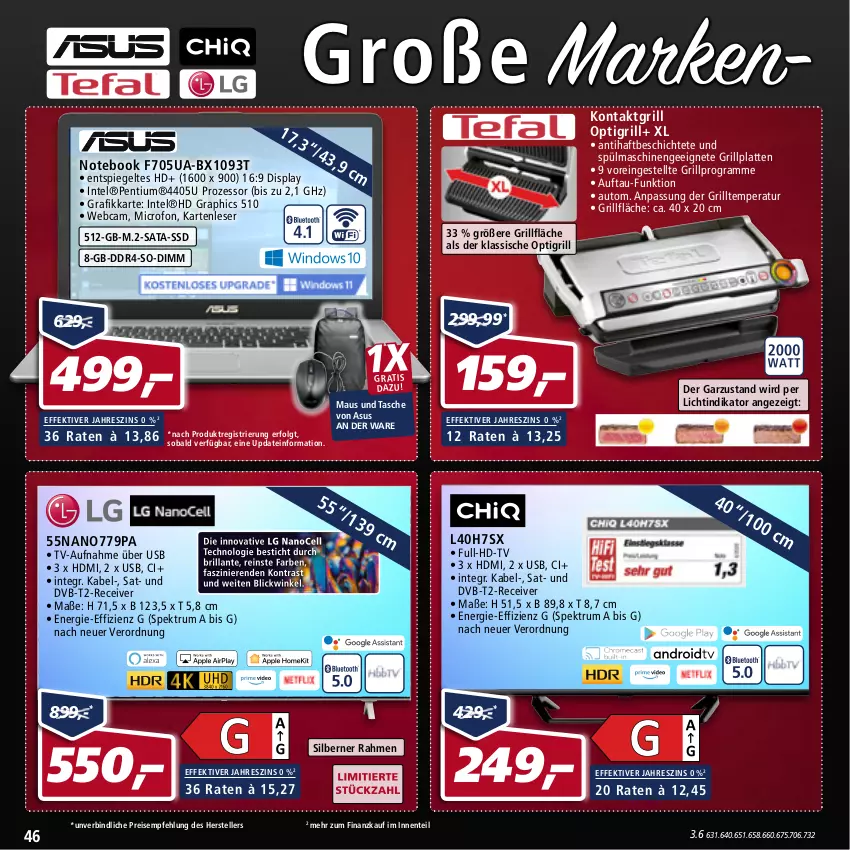 Aktueller Prospekt Real - Real Handzettel - von 31.01 bis 05.02.2022 - strona 46 - produkty: asus, auto, dvb, DVB-T, eis, elle, ente, grill, grillfläche, grillplatte, HD Graphics, HDMI, Intel, kontaktgrill, latte, LG, Maus, notebook, Pentium, Receiver, reis, rum, Spektrum, spiegel, spülmaschinen, ssd, Tasche, teller, Ti, usb