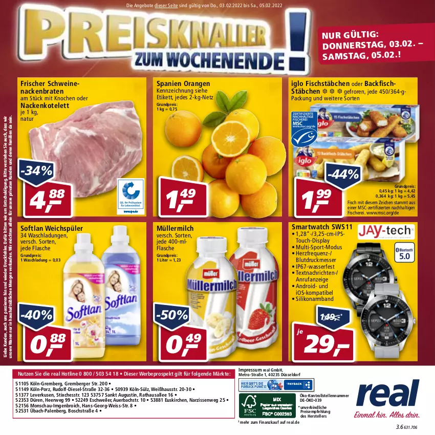 Aktueller Prospekt Real - Real Handzettel - von 31.01 bis 05.02.2022 - strona 48 - produkty: angebot, angebote, Armband, auer, backfisch, Berger, bosch, braten, Diesel, eis, elle, fisch, fische, Fischer, fischstäbchen, flasche, iglo, kotelett, LG, messer, Metro, milch, Müller, müllermilch, Narzissen, natur, orange, orangen, payback, reis, rwe, Schere, schwein, schweine, schweinenacken, smartwatch, Softlan, Sport, teller, Ti, wasser, weichspüler, wein, weine