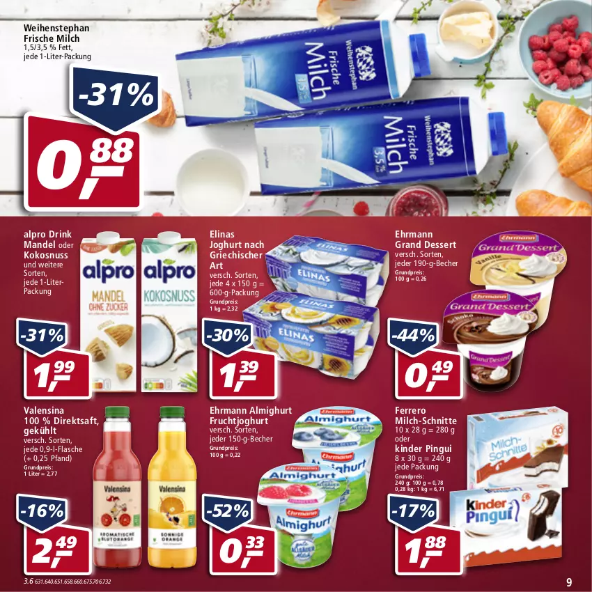 Aktueller Prospekt Real - Real Handzettel - von 31.01 bis 05.02.2022 - strona 9 - produkty: almighur, almighurt, alpro, Becher, dessert, direktsaft, drink, ehrmann, ehrmann almighurt, Ehrmann Grand Dessert, eis, elinas, elinas joghurt, ferrero, flasche, frische milch, frucht, fruchtjoghurt, joghur, joghurt, joghurt nach, Kinder, kinder pingui, kokos, kokosnuss, mandel, milch, milch-schnitte, nuss, pingui, reis, saft, valensina, weihenstephan