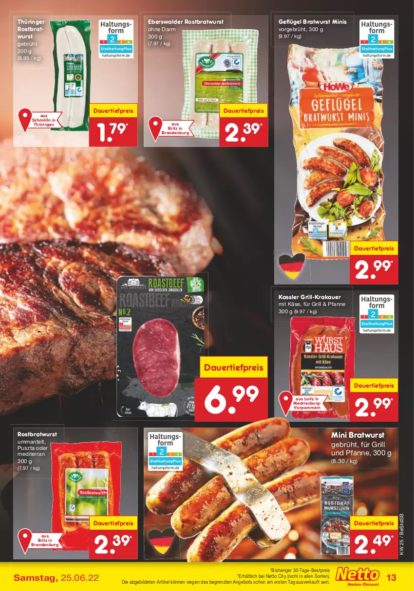 Aktueller Prospekt Netto Marken-Discount - Filial-Angebote - von 20.06 bis 25.06.2022 - strona 13 - produkty: angebot, auer, bestpreis, bratwurst, dauertiefpreis, eis, für grill und pfanne, Geflügel, grill, grill und pfanne, Käse, krakauer, Mantel, pfanne, reis, ring, rostbratwurst, thüringer rostbratwurst, Ti, tiefpreis, und pfanne, wurst, ZTE