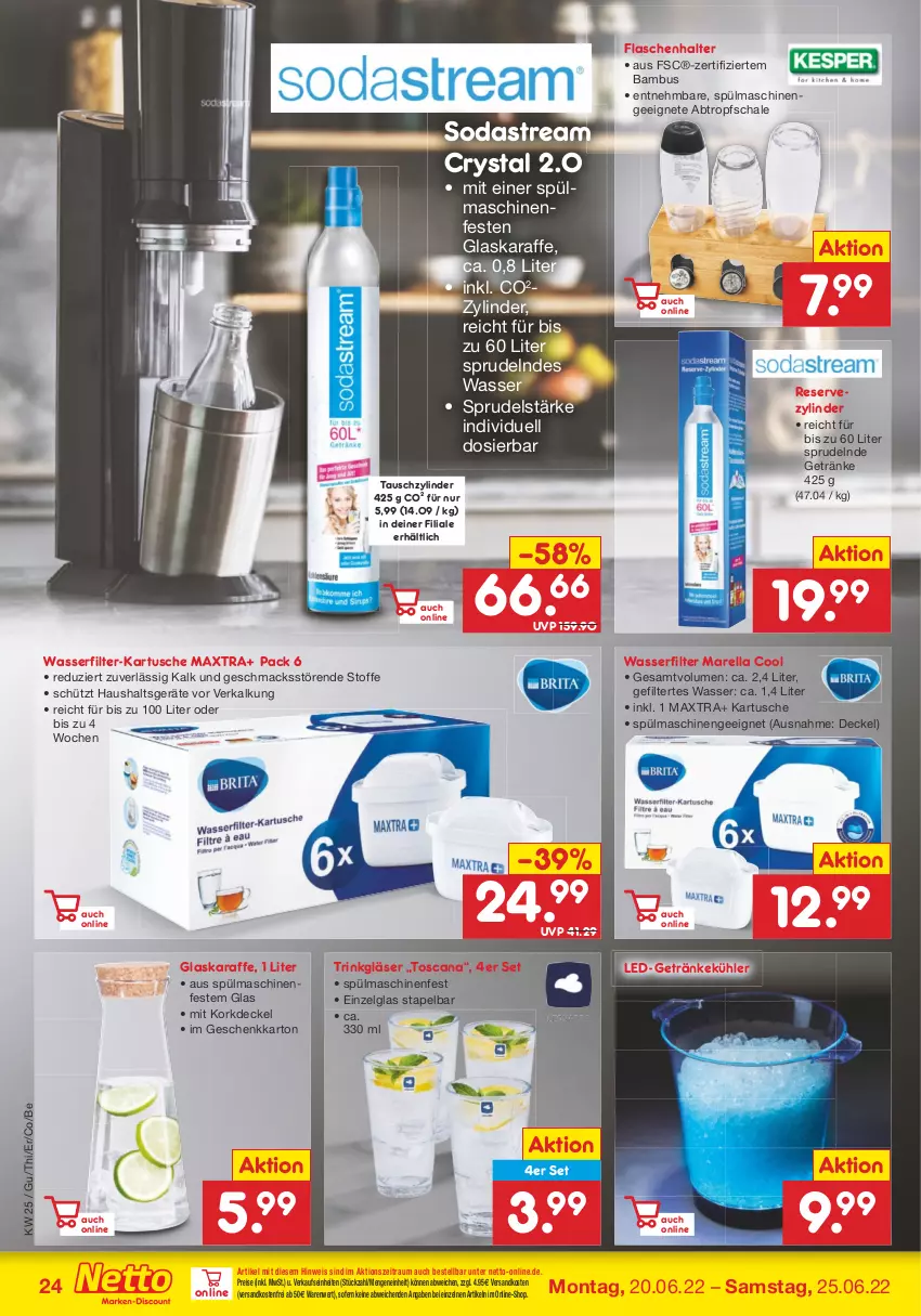 Aktueller Prospekt Netto Marken-Discount - Filial-Angebote - von 20.06 bis 25.06.2022 - strona 24 - produkty: bambus, decke, Deckel, eis, flasche, getränk, getränke, Gläser, glaskaraffe, Haushaltsgeräte, Karaffe, LG, mac, Maxtra, ndk, reis, rel, Schal, Schale, Soda, sodastream, Sprudel, spülmaschinen, Ti, versandkostenfrei, wasser, wasserfilter, wasserfilter marella