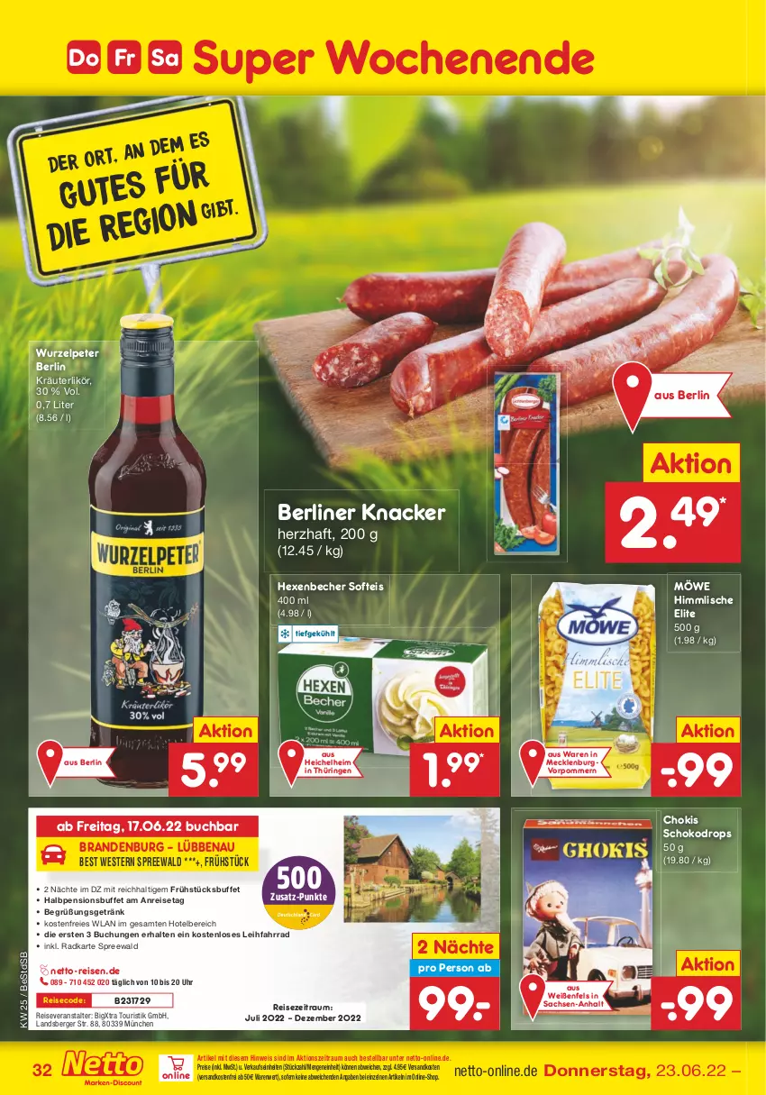 Aktueller Prospekt Netto Marken-Discount - Filial-Angebote - von 20.06 bis 25.06.2022 - strona 32 - produkty: Becher, Berger, berliner, buch, eis, Fahrrad, getränk, knacker, kräuter, kräuterlikör, likör, ndk, reis, reiseveranstalter, ring, sac, schoko, Ti, uhr, versandkostenfrei, Weste