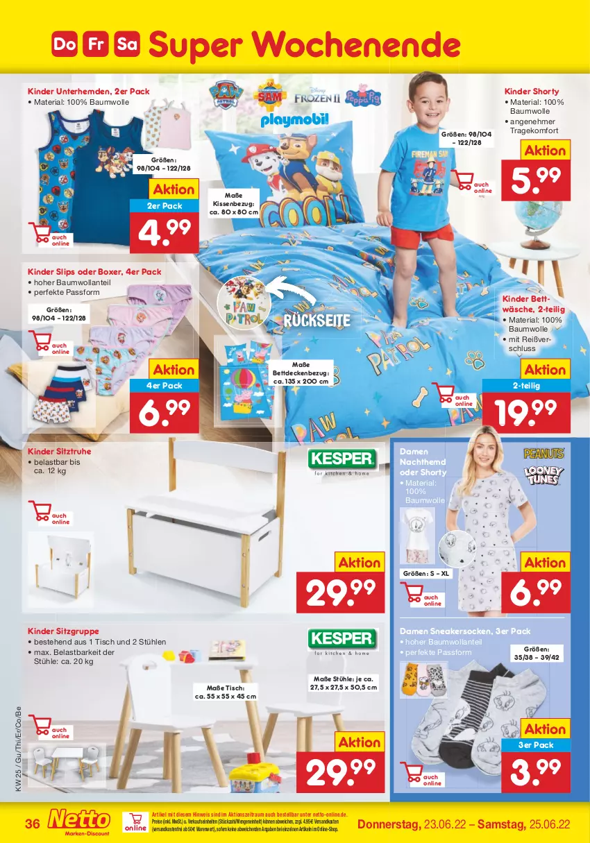 Aktueller Prospekt Netto Marken-Discount - Filial-Angebote - von 20.06 bis 25.06.2022 - strona 36 - produkty: Bau, baumwolle, bett, bettwäsche, decke, eis, hemd, hemden, Kinder, Kinder Bett, kissen, Kissenbezug, Nachthemd, ndk, reis, Ria, shorty, Sitztruhe, slip, slips, sneaker, sneakersocken, socken, Stühl, Ti, tisch, Unterhemd, unterhemden, versandkostenfrei, wolle