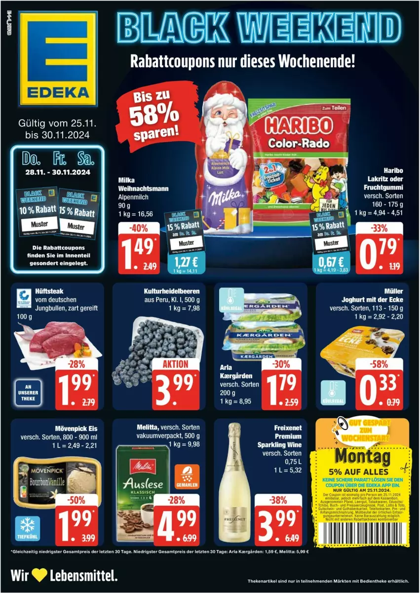 Aktueller Prospekt Edeka - Prospekte - von 25.11 bis 30.11.2024 - strona 1 - produkty: arla, coupon, coupons, deka, eier, eis, frucht, fruchtgummi, haribo, Kette, Lakritz, lebensmittel, LG, melitta, milka, Müller, reis, Schere, tee, Ti, wurst, ZTE