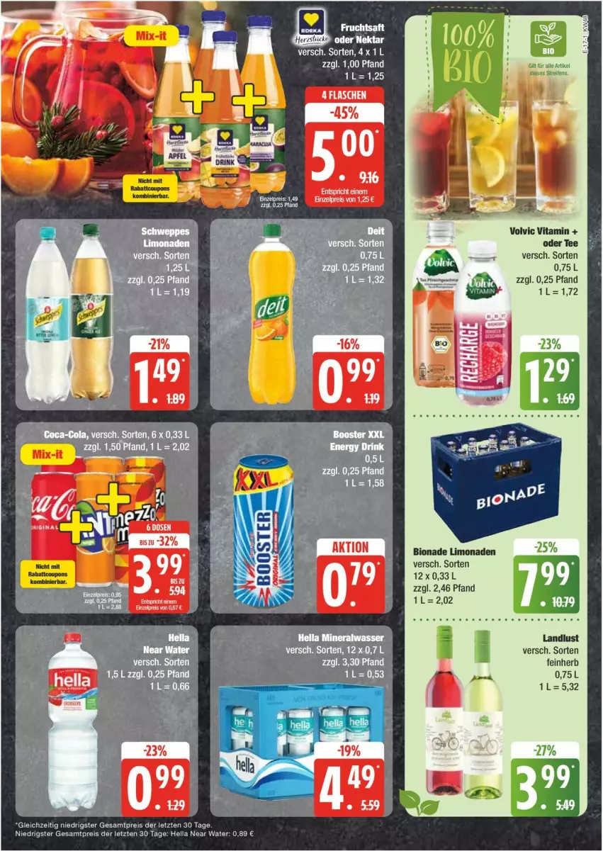 Aktueller Prospekt Edeka - Prospekte - von 25.11 bis 30.11.2024 - strona 17 - produkty: bio, bionade, coca-cola, cola, eis, flasche, frucht, fruchtsaft, hella, limo, limonade, limonaden, reis, saft, tee, Ti, vita, volvic, ZTE