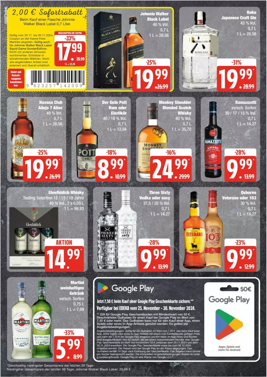 Aktueller Prospekt Edeka - Prospekte - von 25.11 bis 30.11.2024 - strona 18 - produkty: black label, coupon, deka, eier, eierlikör, eis, erde, flasche, google play, johnnie walker, lack, likör, reis, rel, sofortrabatt, Spiele, Ti, ZTE