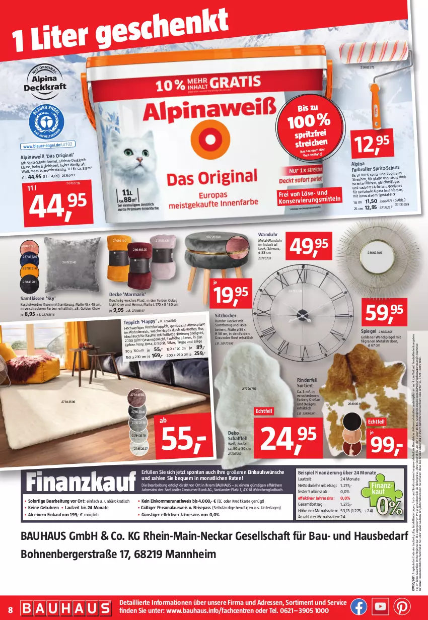 Aktueller Prospekt Bauhaus - Prospekte - von 10.12 bis 25.12.2021 - strona 8 - produkty: abholpreise, alpina, Alpinaweiß, angebot, angebote, Bank, Bau, Berger, bohne, bohnen, decke, dekoration, dell, eis, elle, Farbroller, gin, Heu, hocker, Holz, kissen, kraft, Kuschelweich, lamm, latte, leuchtmittel, LG, Mode, Persona, Plaid, reis, Ria, rind, rinder, Roller, rum, sac, Samtkissen, Spezi, spiegel, teppich, Ti, tisch, uhr, usb, Wandspiegel, wanduhr