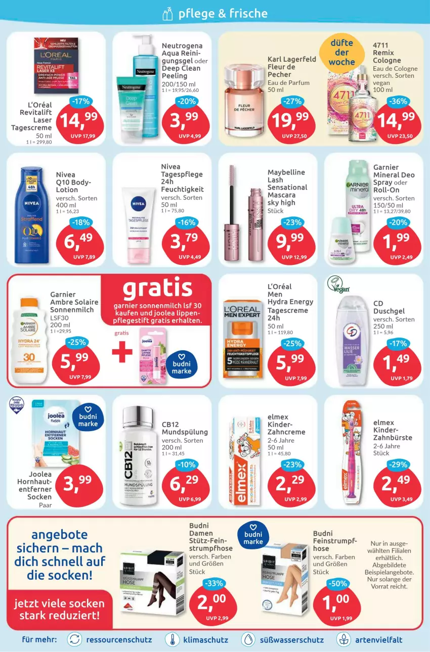 Aktueller Prospekt Budni - Prospekte - von 09.10 bis 14.10.2023 - strona 2 - produkty: Ambre Solaire, angebot, angebote, aqua, Bau, body, bürste, creme, deo, duschgel, Eau de parfum, eis, Elan, elmex, feuchtigkeitspflege, garnier, hose, Karl Lagerfeld, Kinder, l'oreal, loreal, Lotion, mac, milch, mundspülung, neutrogena, nivea, parfum, Peeling, Q10, Revital, revitalift, rum, socken, sonnenmilch, spülung, tagescreme, Tagespflege, Ti, vita, wasser, zahnbürste, zahncreme