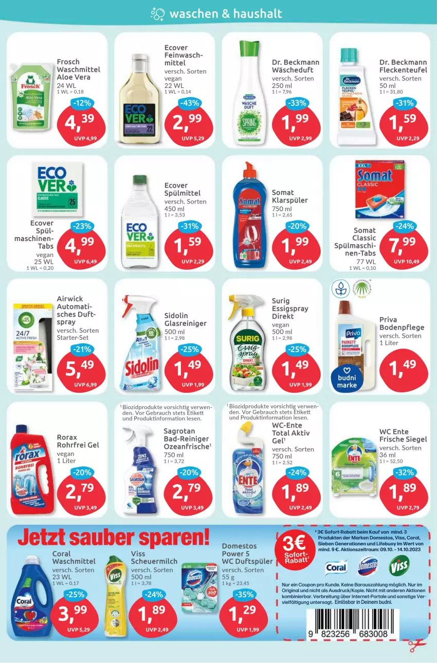 Aktueller Prospekt Budni - Prospekte - von 09.10 bis 14.10.2023 - strona 4 - produkty: airwick, aloe vera, auto, Bad, Bad-Reiniger, bio, biozidprodukte, Brei, Coral, coupon, domestos, Dr. Beckmann, eier, ente, essig, Frosch, gin, Glasreiniger, Heu, klarspüler, milch, Rauch, reiniger, rorax, rwe, sagrotan, scheuermilch, sidolin, somat, spülmittel, Ti, waschmittel, wc ente, WICK