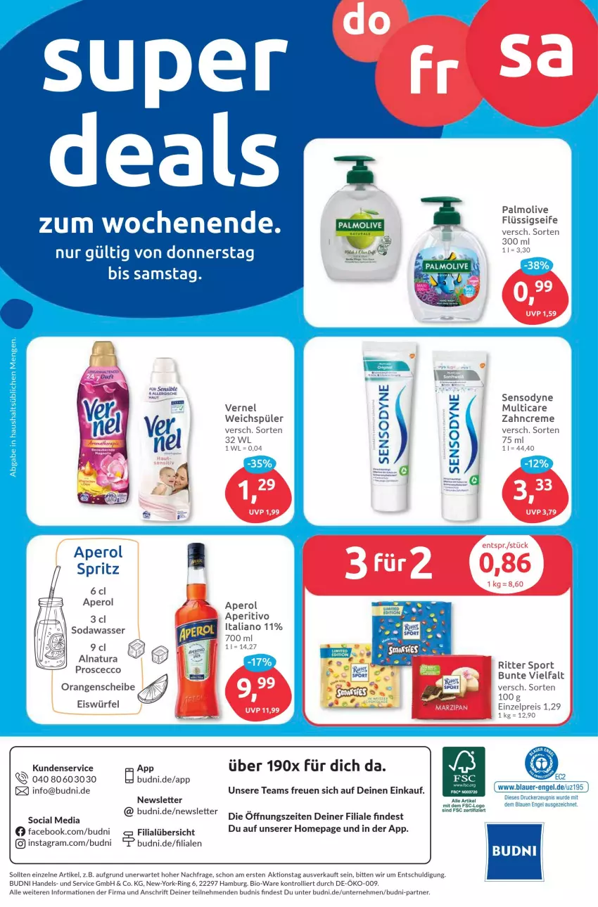 Aktueller Prospekt Budni - Prospekte - von 09.10 bis 14.10.2023 - strona 8 - produkty: aperol, auer, bio, creme, drucker, ecco, eis, eiswürfel, Engel, kerze, marzipan, natur, natura, olive, Omep, orange, orangen, palmolive, reis, ring, ritter, ritter sport, sensodyne, Soda, Sport, Ti, trolli, vernel, wasser, weichspüler, würfel, Yo, zahncreme