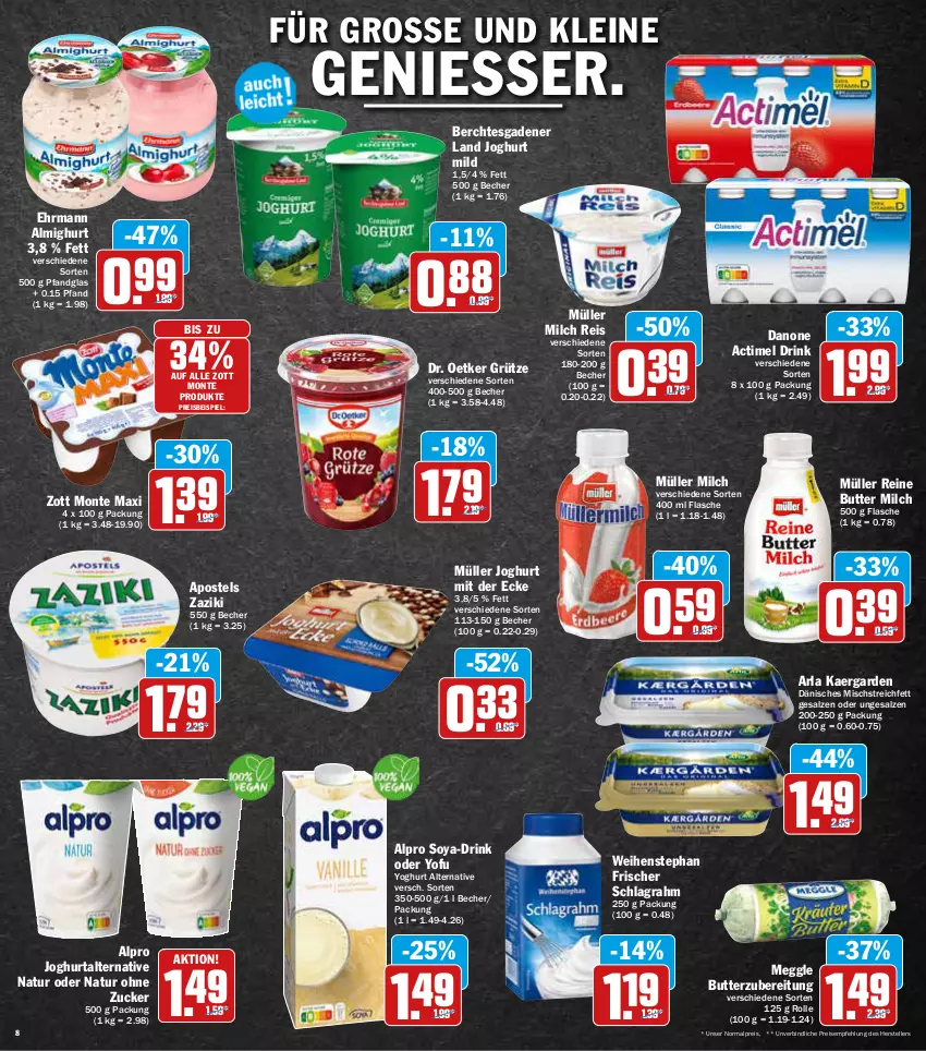 Aktueller Prospekt Aez - Prospekte - von 23.05 bis 28.05.2022 - strona 8 - produkty: actimel, actimel drink, almighur, almighurt, alpro, apostels, arla, Becher, butter, danone, danone actimel drink, Dr. Oetker, drink, ehrmann, ehrmann almighurt, eis, elle, flasche, grütze, joghur, joghurt, joghurt mild, joghurt mit der ecke, leine, meggle, milch, monte, Müller, natur, reis, salz, schlagrahm, soya, teller, tender, Ti, weihenstephan, Yo, yoghurt, zaziki, zott, Zott Monte, zucker