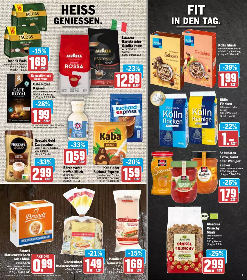 Aktueller Prospekt Aez - Prospekte - von 23.05 bis 28.05.2022 - strona 9 - produkty: bärenmarke, beutel, Blüte, brandt, brot, café royal, Cap, cappuccino, cin, eis, elle, espresso, flasche, jacobs, kaffee, kölln, lavazza, Markenzwieback, milch, müsli, natur, natura, Nescafé, nescafé gold, nespresso, reis, schnitten, Schwartau, teller, Ti, zucker