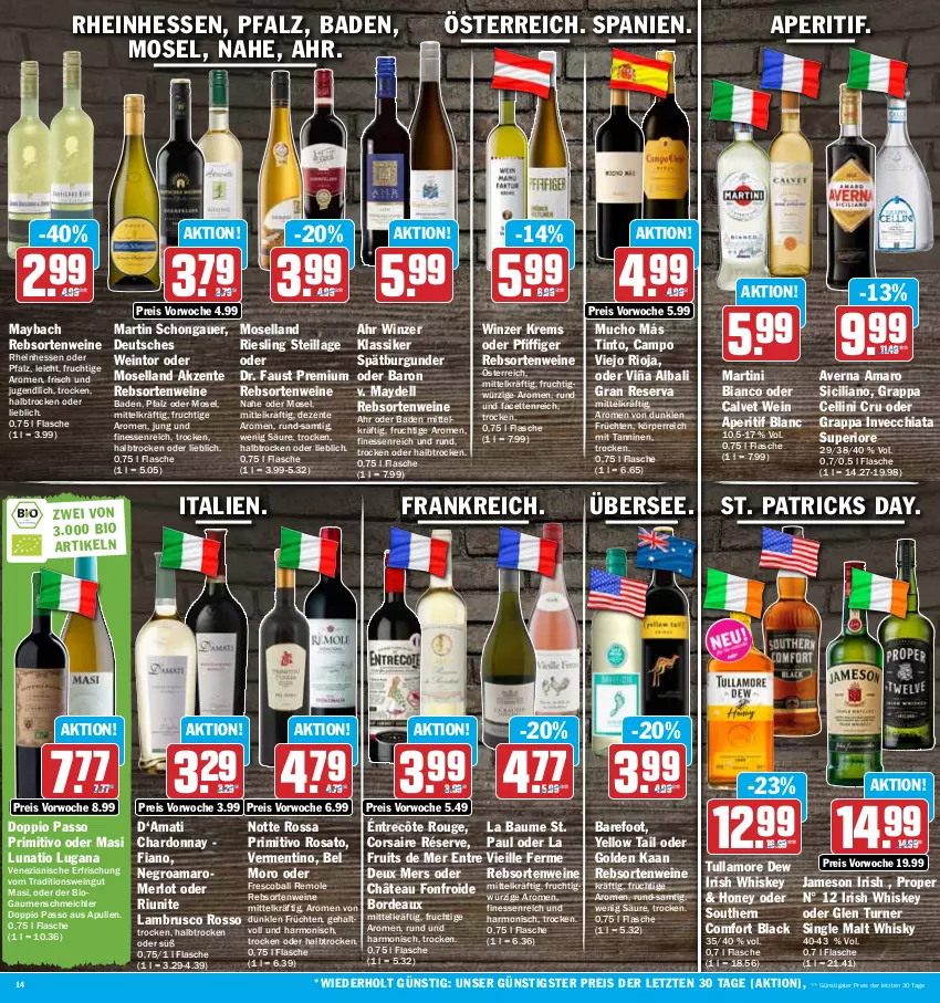 Aktueller Prospekt Hit - Prospekte - von 13.03 bis 18.03.2023 - strona 14 - produkty: amaro, aperitif, auer, aust, averna, Bad, Bau, bio, burgunder, campo viejo, chardonnay, chia, Corsaire, dell, doppio passo, eis, ente, finesse, flasche, frucht, früchte, früchten, grappa, irish whiskey, jameson, lack, Lambrusco, martini, maybach, merl, merlot, moselland, passo, primitivo, rebsortenweine, reis, riesling, rioja, rosato, rouge, single malt, Southern Comfort, spätburgunder, Ti, tullamore, tullamore dew, wein, weine, whiskey, whisky, yellow tail, ZTE