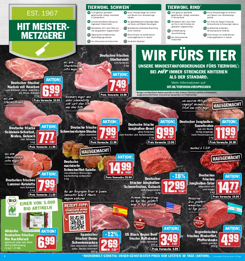 Aktueller Prospekt Hit - Prospekte - von 13.03 bis 18.03.2023 - strona 4 - produkty: auer, Bau, Bauer, beef, bio, braten, eis, filet, fleisch, Geflügel, gewürz, gulasch, hackfleisch, hackfleisch gemischt, hüftsteak, hüftsteaks, jungbullen, Kette, kotelett, küche, Küchen, lack, mais, Meister, monitor, natur, pfanne, pfannen, pfeffer, pute, reis, Ria, rind, rinder, rinderfilet, ring, schinken, schmorbraten, schnitzel, schwein, schweine, schweinefilet, schweinenacken, schweinerücken, Spezi, Sport, steak, steaks, Ti, Tiere, tisch, wein, weine, ZTE