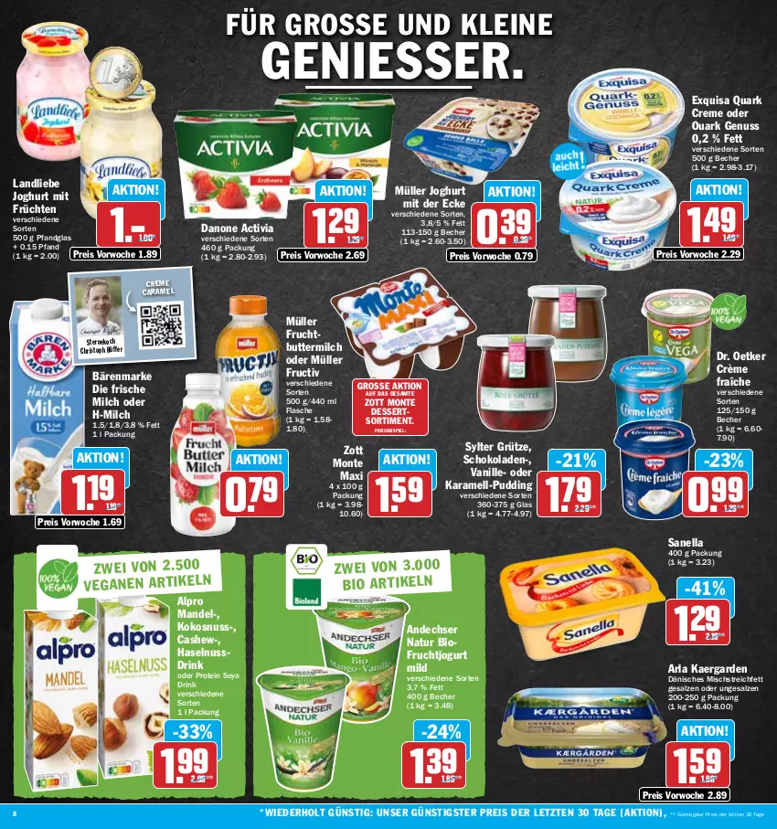 Aktueller Prospekt Hit - Prospekte - von 13.03 bis 18.03.2023 - strona 8 - produkty: activia, alpro, andechser natur, arla, bärenmarke, Becher, bio, butter, buttermilch, caramel, Cashew, creme, crème fraîche, danone, danone activia, dessert, desserts, Dr. Oetker, drink, eis, exquisa, flasche, frische milch, frucht, früchte, früchten, grütze, haselnuss, Haselnussdrink, joghur, joghurt, joghurt mit der ecke, jogurt, karamell, kokos, kokosnuss, landliebe, landliebe joghurt, leine, mandel, milch, monte, Müller, natur, nuss, Nussdrink, pudding, quark, reis, salz, schoko, schokolade, schokoladen, soya, ssd, Sylter, Ti, vanille, zott, Zott Monte, ZTE