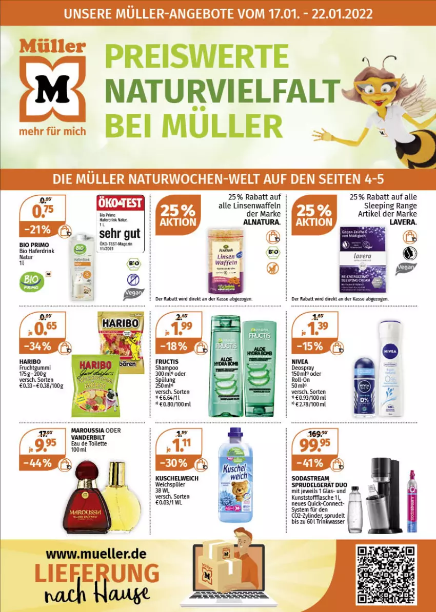 Aktueller Prospekt Mueller - Müller Prospekt - von 17.01 bis 22.01.2022 - strona 1 - produkty: bio, deo, deospray, drink, eau de toilette, eau de toilette 100 ml, elle, flasche, frucht, fruchtgummi, hafer, Haferdrink, haribo, Kuschelweich, LG, linsen, magazin, natur, natura, nivea, roll-on, Sprudel, Ti, waffeln, wasser, weichspüler