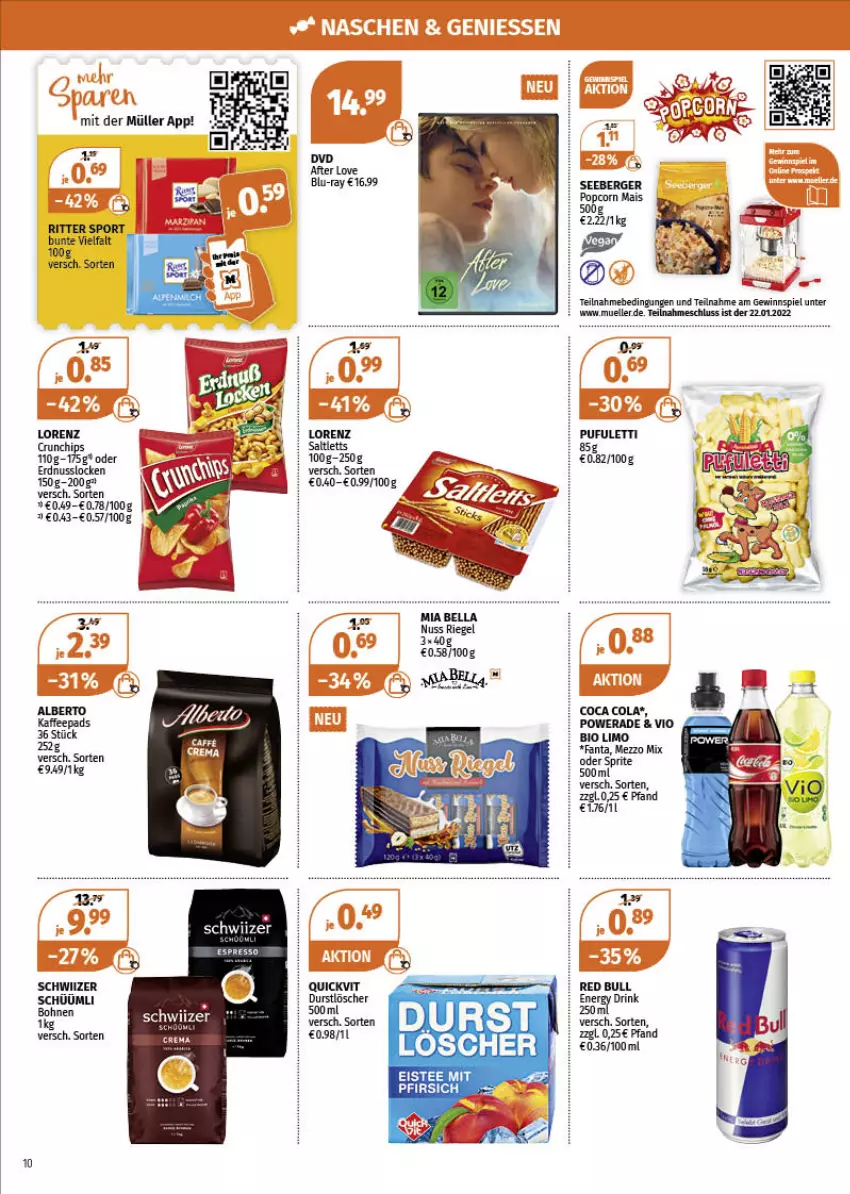 Aktueller Prospekt Mueller - Müller Prospekt - von 17.01 bis 22.01.2022 - strona 10 - produkty: Berger, bio, blu-ray, chips, cola, crunchips, drink, durstlöscher, eis, eistee, elle, energy drink, erdnuss, espresso, fanta, gewinnspiel, kaffee, kaffeepads, limo, lorenz, lorenz crunchips, mais, Mezzo Mix, Müller, nuss, oder sprite, pfirsich, popcorn, QuickVit, red bull, ritter, ritter sport, seeberger, Sport, sprite, tee, Ti