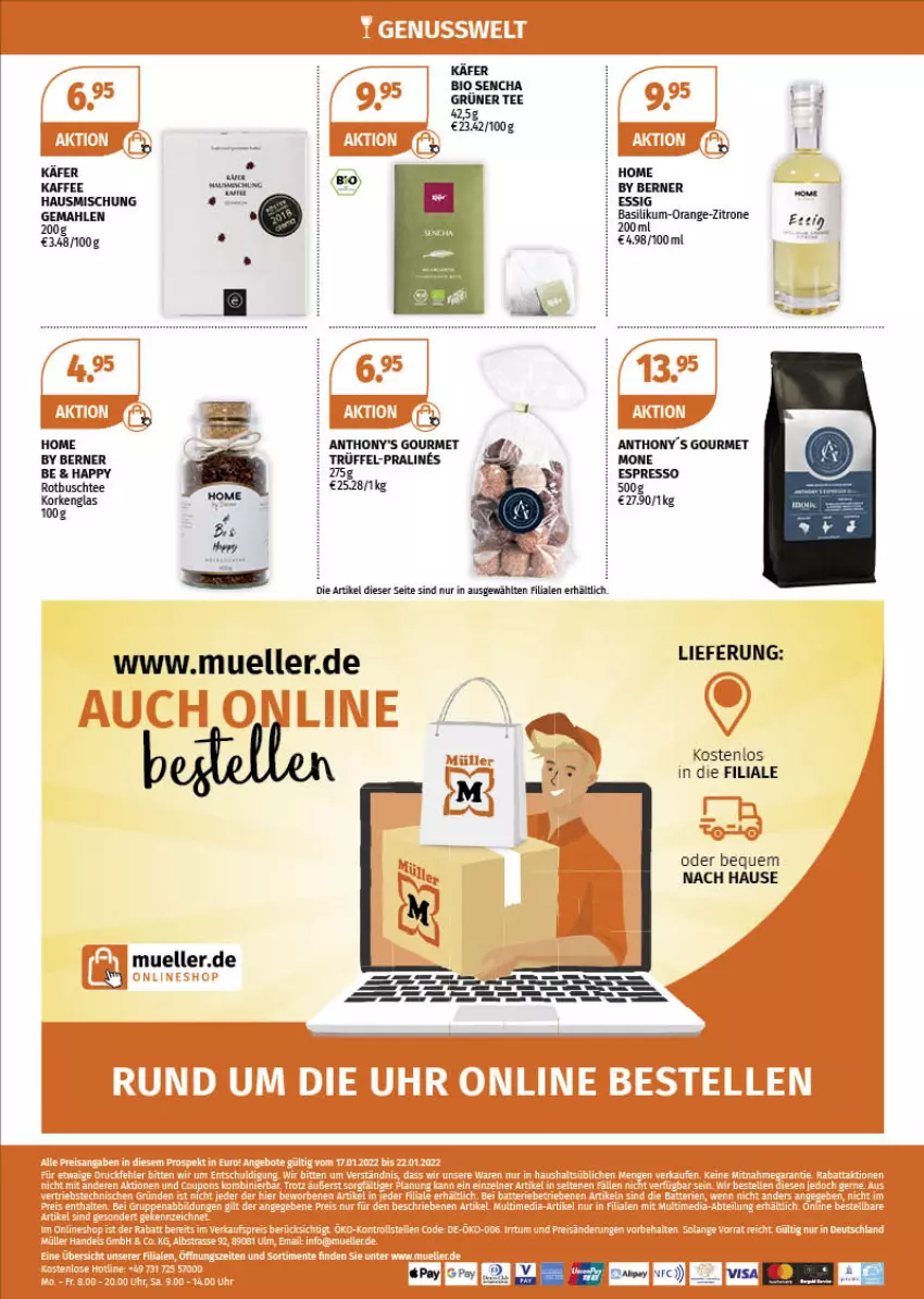 Aktueller Prospekt Mueller - Müller Prospekt - von 17.01 bis 22.01.2022 - strona 15 - produkty: basilikum, bio, elle, essig, grüner tee, käfer, kaffee, orange, tee, Trüffel, zitrone