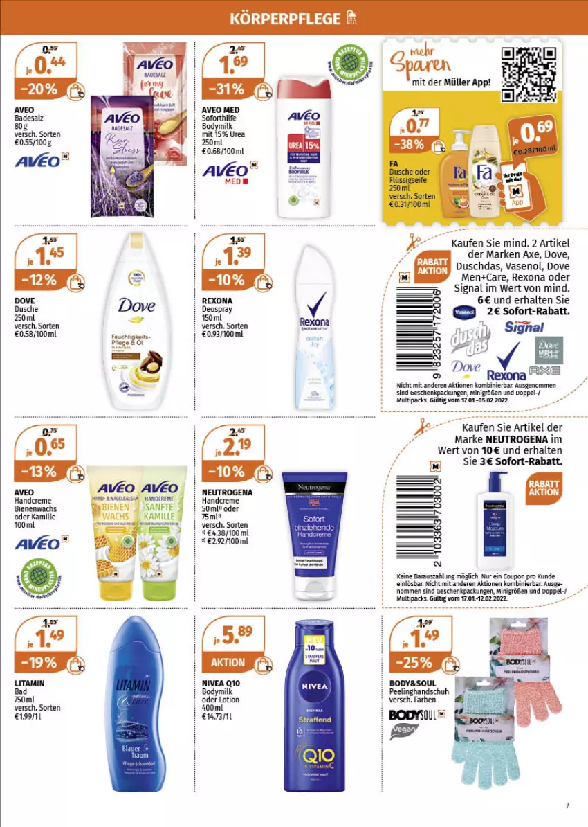 Aktueller Prospekt Mueller - Müller Prospekt - von 17.01 bis 22.01.2022 - strona 7 - produkty: aveo, axe, body, Bodymilk, creme, deo, deospray, deospray 150 ml, dove, duschdas, handcreme, Kamill, kamille, körperpflege, neutrogena, rexona, Signal, sofort-rabatt, Ti, Vase