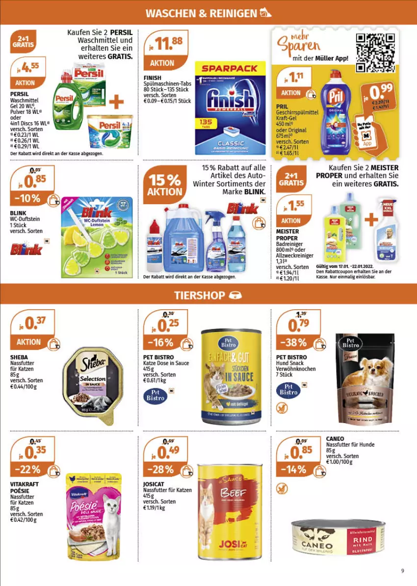 Aktueller Prospekt Mueller - Müller Prospekt - von 17.01 bis 22.01.2022 - strona 9 - produkty: allzweckreiniger, auto, Bad, coupon, eis, Finish, geschirr, geschirrspülmittel, gin, kraft, Meister, meister proper, nassfutter, persil, persil waschmittel, reiniger, sauce, sheba, snack, spülmaschinen, spülmittel, Ti, vita, vitakraft, waschmittel, weck