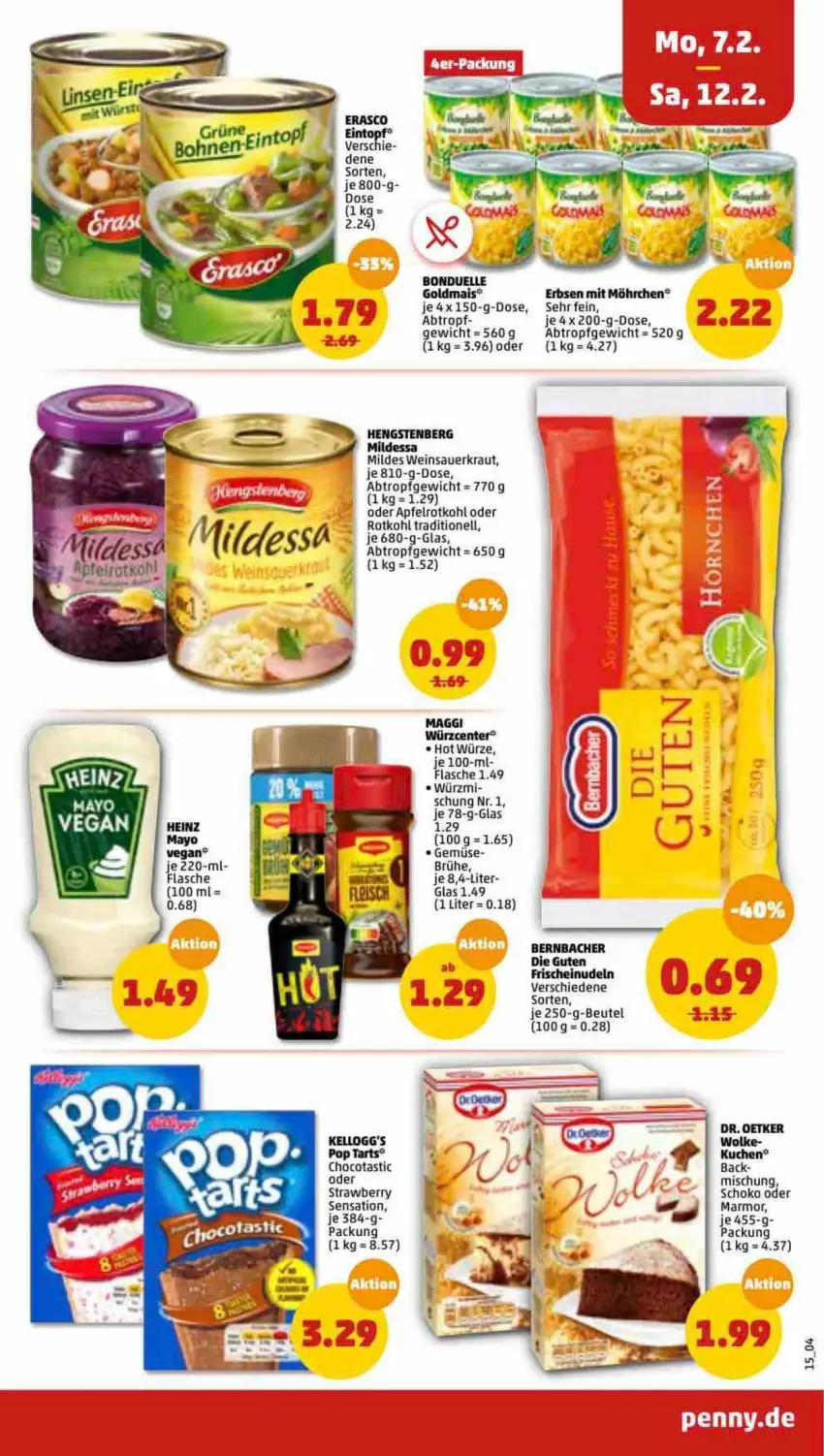 Aktueller Prospekt Penny - Prospekte - von 07.02 bis 12.02.2022 - strona 15 - produkty: apfel, asti, auer, bernbacher, beutel, bonduelle, bonduelle goldmais, Brühe, Dr. Oetker, elle, ente, erasco, erbsen, flasche, Goldmais, hengstenberg, kellogg's, Kraut, kuchen, maggi, mais, nudel, nudeln, rotkohl, Sauerkraut, schoko, Ti, wein, Weinsauerkraut