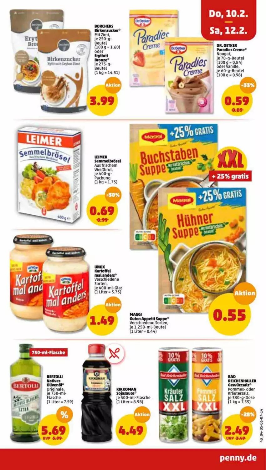 Aktueller Prospekt Penny - Prospekte - von 07.02 bis 12.02.2022 - strona 43 - produkty: Bad, beutel, Birkenzucker, brot, eimer, flasche, gewürz, gewürzsalz, gin, je 500-ml-flasche, kartoffel, kikkoman, kräuter, leimer, oder kräuter, pommes, salz, sauce, Semmel, Semmelbrösel, soja, sojasauce, suppe, Ti, vanille, zucker