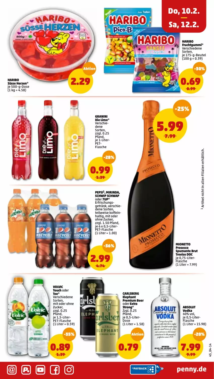 Aktueller Prospekt Penny - Prospekte - von 07.02 bis 12.02.2022 - strona 45 - produkty: 7UP, beutel, brut, carlsberg, ecco, eis, flasche, frucht, fruchtgummi, getränk, granini, haribo, limo, mionetto, Mirinda, pepsi, pet-flasche, prosecco, puma, rind, Schwip Schwap, spumante, tee, Ti, vodka, volvic, zucker