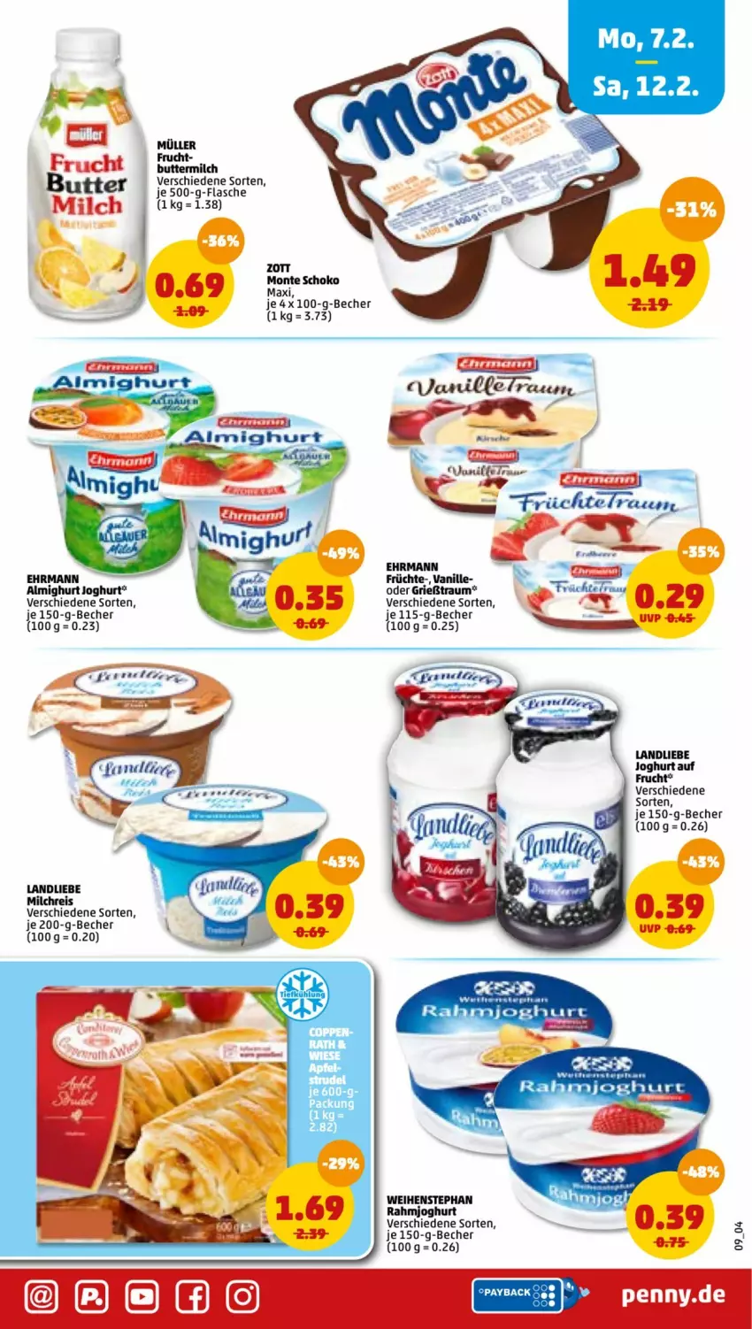 Aktueller Prospekt Penny - Prospekte - von 07.02 bis 12.02.2022 - strona 9 - produkty: Becher, butter, buttermilch, ehrmann, eis, flasche, frucht, früchte, Grießtraum, joghur, joghurt, landliebe, LG, milch, milchreis, monte, Müller, rahmjoghurt, reis, schoko, vanille, weihenstephan, zott, Zott Monte