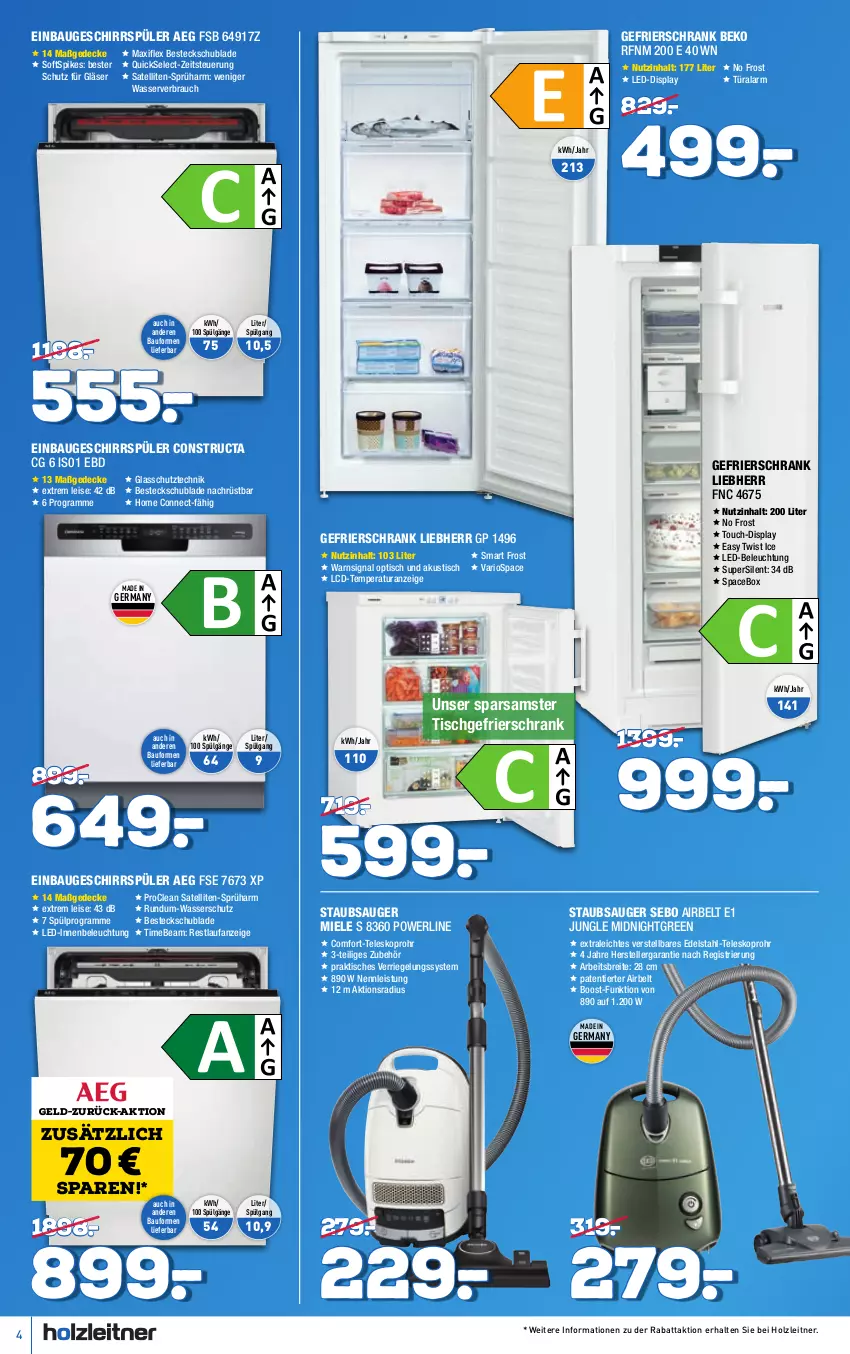 Aktueller Prospekt Holzleitner - von 27.01 bis 29.02.2024 - strona 4 - produkty: aeg, Bau, beko, beleuchtung, besteck, Brei, Constructa, decke, edelstahl, eis, elle, gefrierschrank, Germ, geschirr, geschirrspüler, Gläser, Holz, led-beleuchtung, LG, liebherr, miele, persil, Rauch, riegel, Schrank, Signal, staubsauger, Teleskop, teller, Ti, tisch, wasser, ZTE