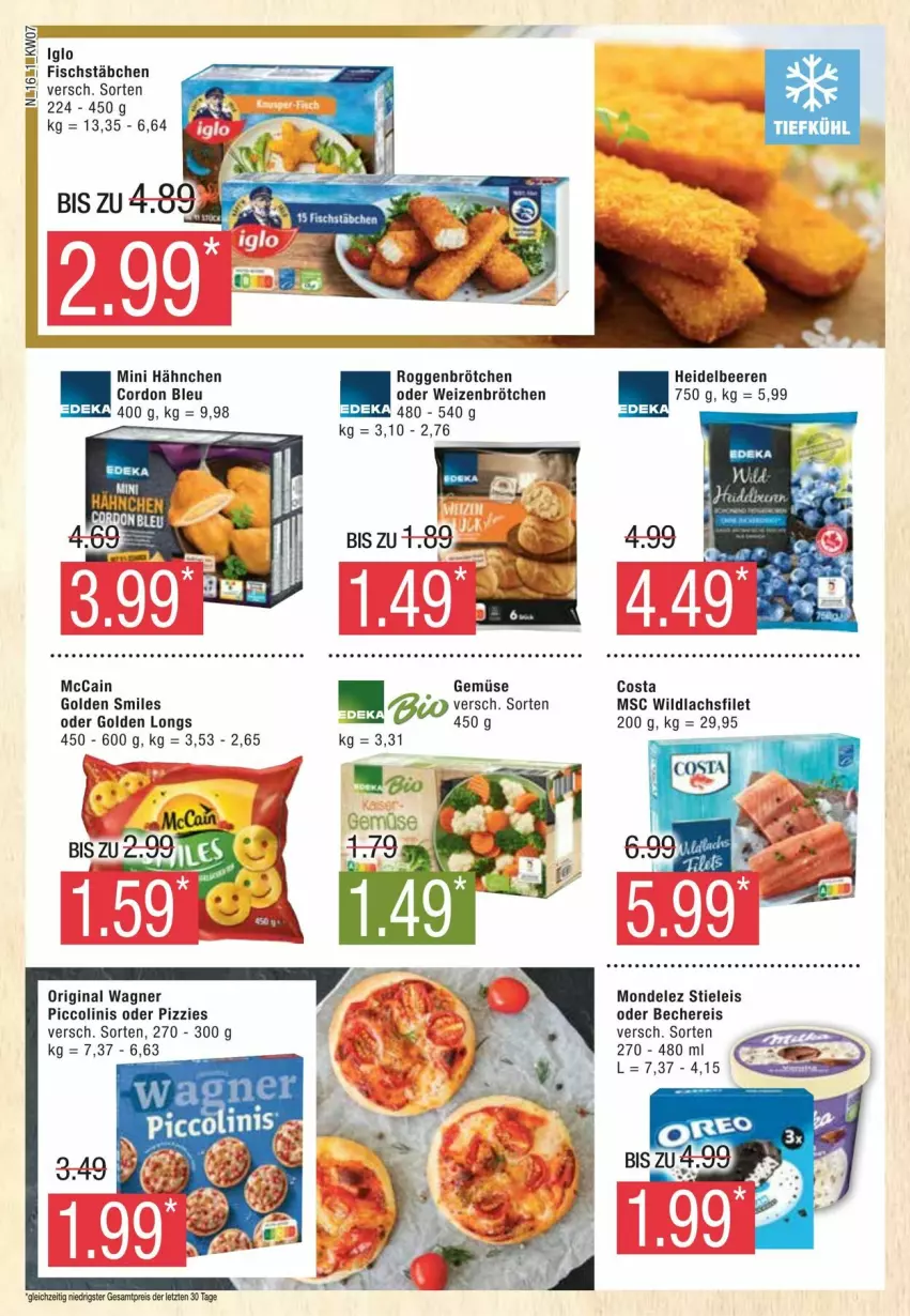 Aktueller Prospekt Edeka - Prospekte - von 10.02 bis 17.02.2024 - strona 16 - produkty: Becher, beere, beeren, brötchen, cordon bleu, eis, filet, fisch, fischstäbchen, gin, Golden Longs, heidelbeere, heidelbeeren, iglo, lachs, lachsfilet, mccain, mondelez, original wagner, piccolinis, reis, roggenbrötchen, stieleis, Ti, wagner, weizenbrötchen, Wild, wildlachs, ZTE