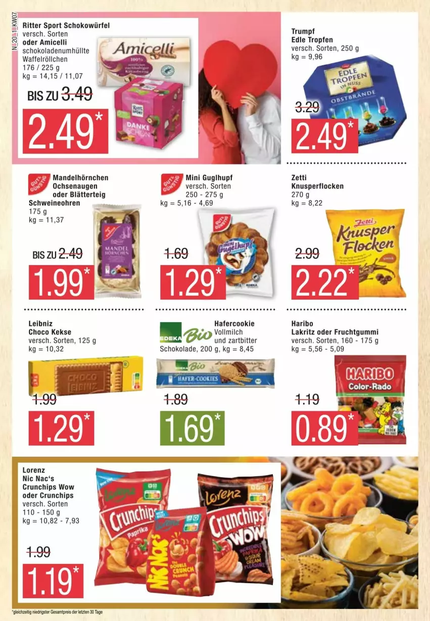 Aktueller Prospekt Edeka - Prospekte - von 10.02 bis 17.02.2024 - strona 20 - produkty: amicelli, blätterteig, chips, cookie, crunchips, eis, frucht, fruchtgummi, hafer, haribo, hörnchen, keks, kekse, Knusperflocken, Lakritz, leibniz, lorenz, mandel, milch, nic nac's, reis, ritter, ritter sport, rum, schoko, schokolade, schokoladen, schokowürfel, schwein, schweine, Sport, Ti, vollmilch, Waffelröllchen, wein, weine, würfel, ZTE