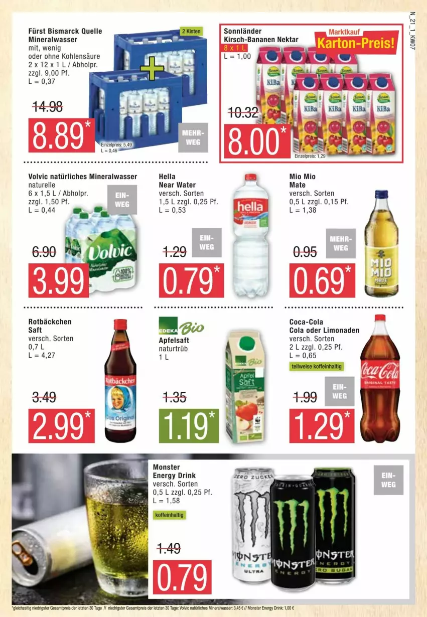 Aktueller Prospekt Edeka - Prospekte - von 10.02 bis 17.02.2024 - strona 21 - produkty: Alwa, apfel, apfelsaft, banane, bananen, bio, bismarck, coca-cola, cola, drink, eis, elle, energy drink, hella, kirsch, limo, limonade, limonaden, mineralwasser, Mio Mio, monster, Monster Energy, natur, natürliches mineralwasser, Nektar, reis, rel, saft, Ti, volvic, volvic natürliches, wasser, ZTE