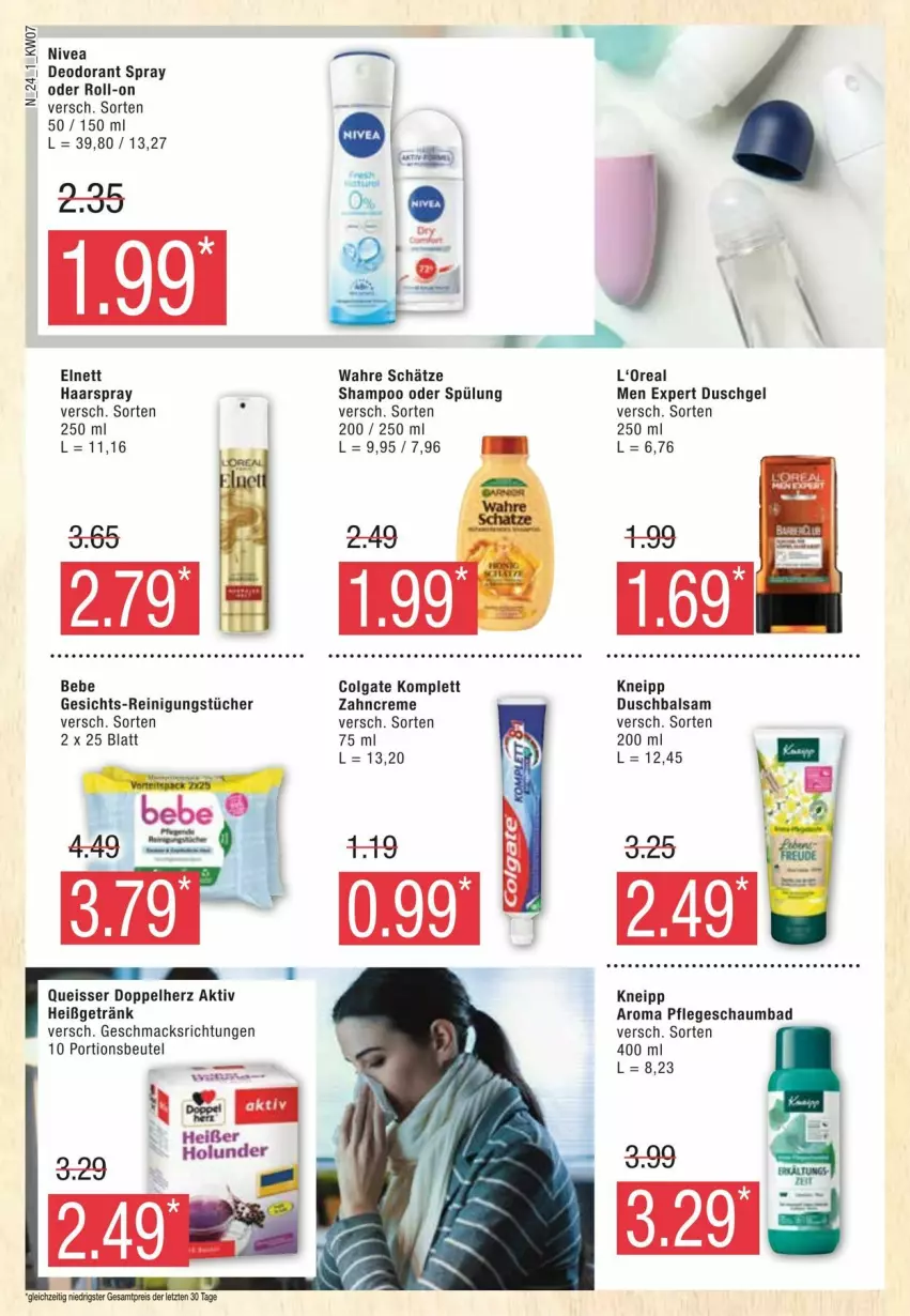 Aktueller Prospekt Edeka - Prospekte - von 10.02 bis 17.02.2024 - strona 24 - produkty: Bad, balsam, beutel, colgate, creme, deo, deodorant, doppelherz, duschgel, eis, elnett, getränk, haarspray, kneipp, LG, mac, nivea, portionsbeutel, Reinigung, reinigungstücher, roll-on, schaumbad, shampoo, shampoo oder spülung, spülung, Ti, tücher, Wahre Schätze, zahncreme