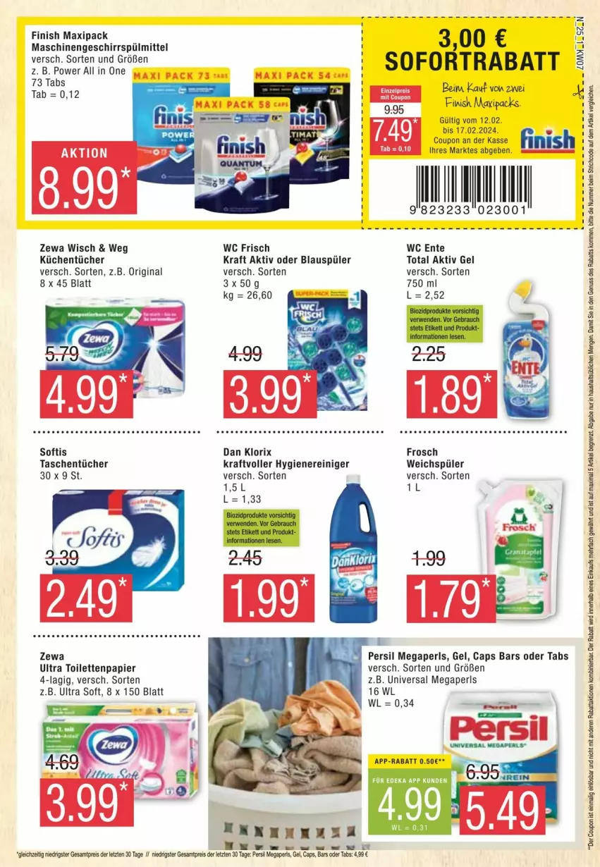 Aktueller Prospekt Edeka - Prospekte - von 10.02 bis 17.02.2024 - strona 25 - produkty: aktiv gel, Cap, coupon, eis, ente, Finish, Frosch, geschirr, geschirrspülmittel, gin, kraft, küche, Küchen, küchentücher, megaperls, papier, persil, reiniger, reis, sofortrabatt, spülmittel, Tasche, taschen, taschentücher, Ti, toilettenpapier, tücher, universal megaperls, wc ente, weichspüler, zewa, ZTE