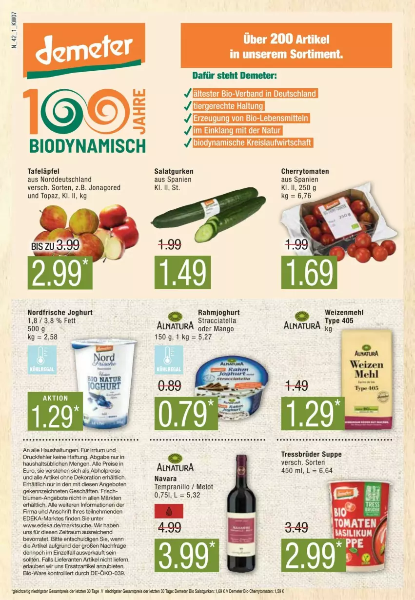 Aktueller Prospekt Edeka - Prospekte - von 10.02 bis 17.02.2024 - strona 42 - produkty: abholpreise, ACC, alle artikel ohne dekoration, angebot, angebote, bio, blume, blumen, cherrytomaten, deka, dekoration, eis, ente, gurke, gurken, joghur, joghurt, jonagored, mango, mehl, natur, rahmjoghurt, reis, salat, Salatgurke, salatgurken, suppe, tafeläpfel, tempranillo, Ti, tomate, tomaten, trolli, type 405, weizenmehl, ZTE