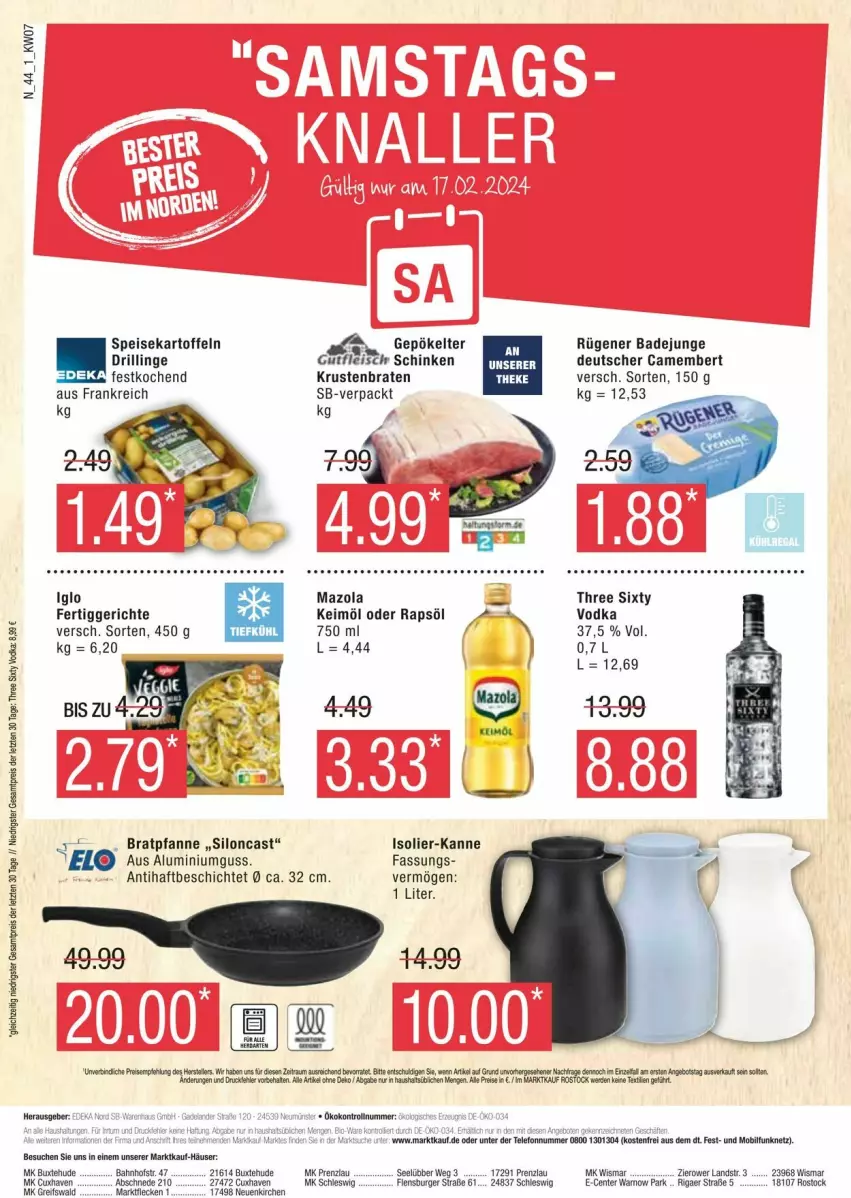 Aktueller Prospekt Edeka - Prospekte - von 10.02 bis 17.02.2024 - strona 44 - produkty: Bad, braten, bratpfanne, burger, camembert, deka, eis, ente, erde, fertiggericht, fertiggerichte, fleisch, flensburger, gutfleisch, iglo, kartoffel, kartoffeln, keimöl, krustenbraten, mazola, pfanne, rapsöl, Rügener, rügener badejunge, schinken, speisekartoffeln, Three Sixty, Ti, vodka