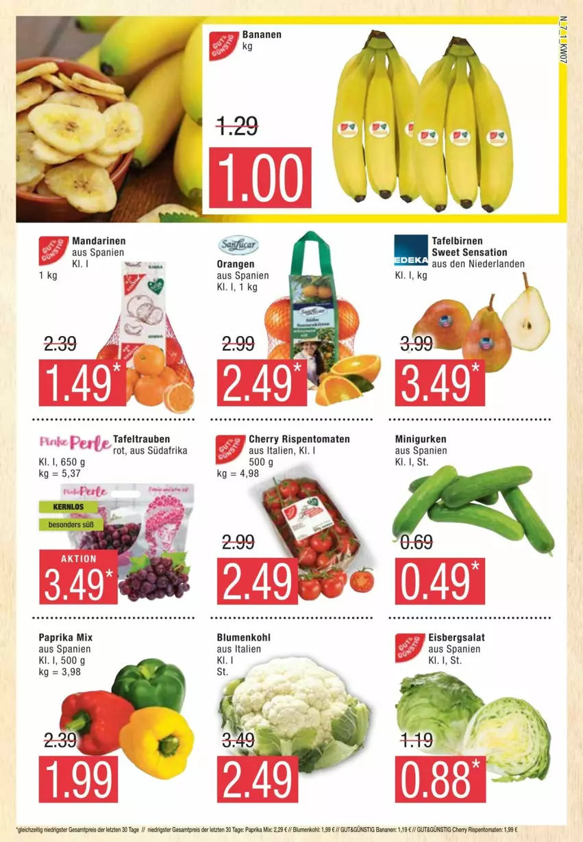 Aktueller Prospekt Edeka - Prospekte - von 10.02 bis 17.02.2024 - strona 7 - produkty: banane, bananen, Birnen, blume, blumen, blumenkohl, eis, eisbergsalat, gurke, gurken, mandarine, mandarinen, orange, orangen, paprika, paprika mix, perlen, reis, rispentomaten, salat, tafelbirnen, tafeltrauben, Ti, tomate, tomaten, trauben, ZTE