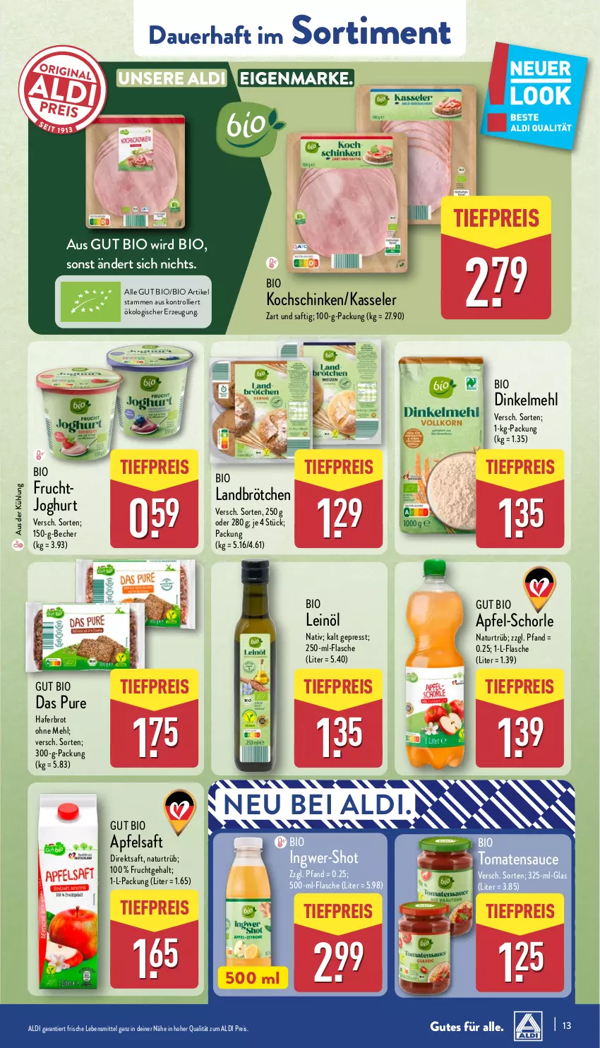 Aktueller Prospekt Aldi Nord - Von Montag - von 17.03 bis 22.03.2025 - strona 13 - produkty: aldi, apfel, apfelsaft, auer, Becher, bio, brot, brötchen, dinkelmehl, direktsaft, eis, flasche, frucht, fruchtjoghurt, hafer, ingwer, joghur, joghurt, kasseler, kochschinken, lebensmittel, leinöl, mehl, natur, reis, saft, sauce, schinken, schorle, Ti, tiefpreis, tomate, tomaten, tomatensauce, trolli