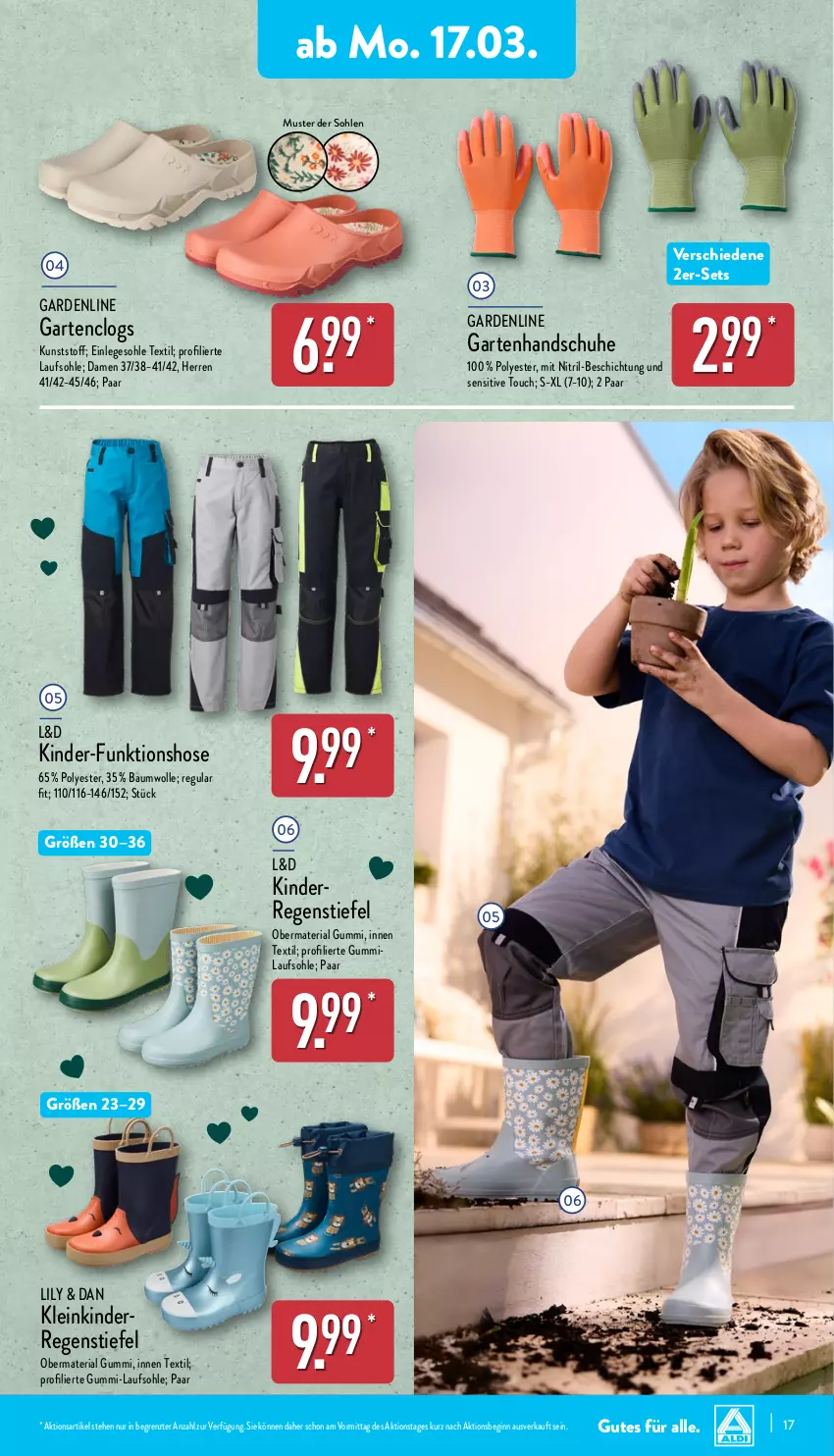 Aktueller Prospekt Aldi Nord - Von Montag - von 17.03 bis 22.03.2025 - strona 17 - produkty: Bau, baumwolle, Clogs, Garten, gin, handschuhe, hose, Kinder, Ria, schuhe, Ti, wolle, ZTE