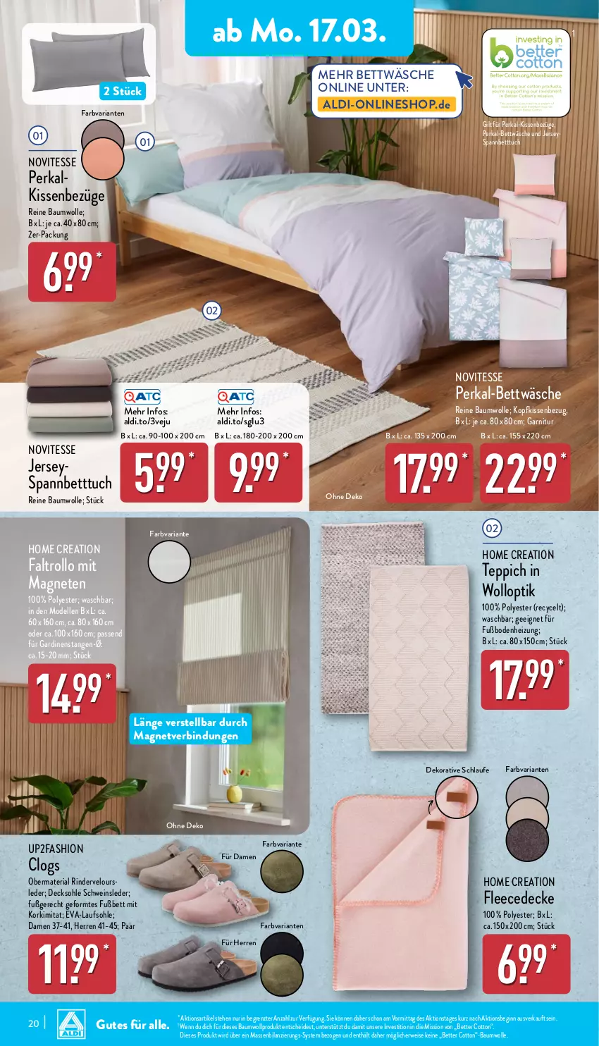 Aktueller Prospekt Aldi Nord - Von Montag - von 17.03 bis 22.03.2025 - strona 20 - produkty: aldi, Bau, baumwolle, bett, Betttuch, bettwäsche, Clogs, decke, decksohle, dell, eis, elle, fleecedecke, Gardinen, garnitur, gin, kissen, Kissenbezug, kopfkissen, kopfkissenbezug, Mode, reine baumwolle, Ria, rind, rinder, rwe, schwein, spannbetttuch, teppich, Ti, tuc, up2fashion, wein, wolle, ZTE