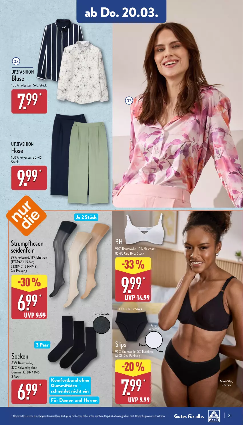 Aktueller Prospekt Aldi Nord - Von Montag - von 17.03 bis 22.03.2025 - strona 21 - produkty: Bau, baumwolle, bluse, gin, hose, hosen, Ria, rum, slip, slips, socken, Strumpfhose, Ti, up2fashion, wolle, ZTE