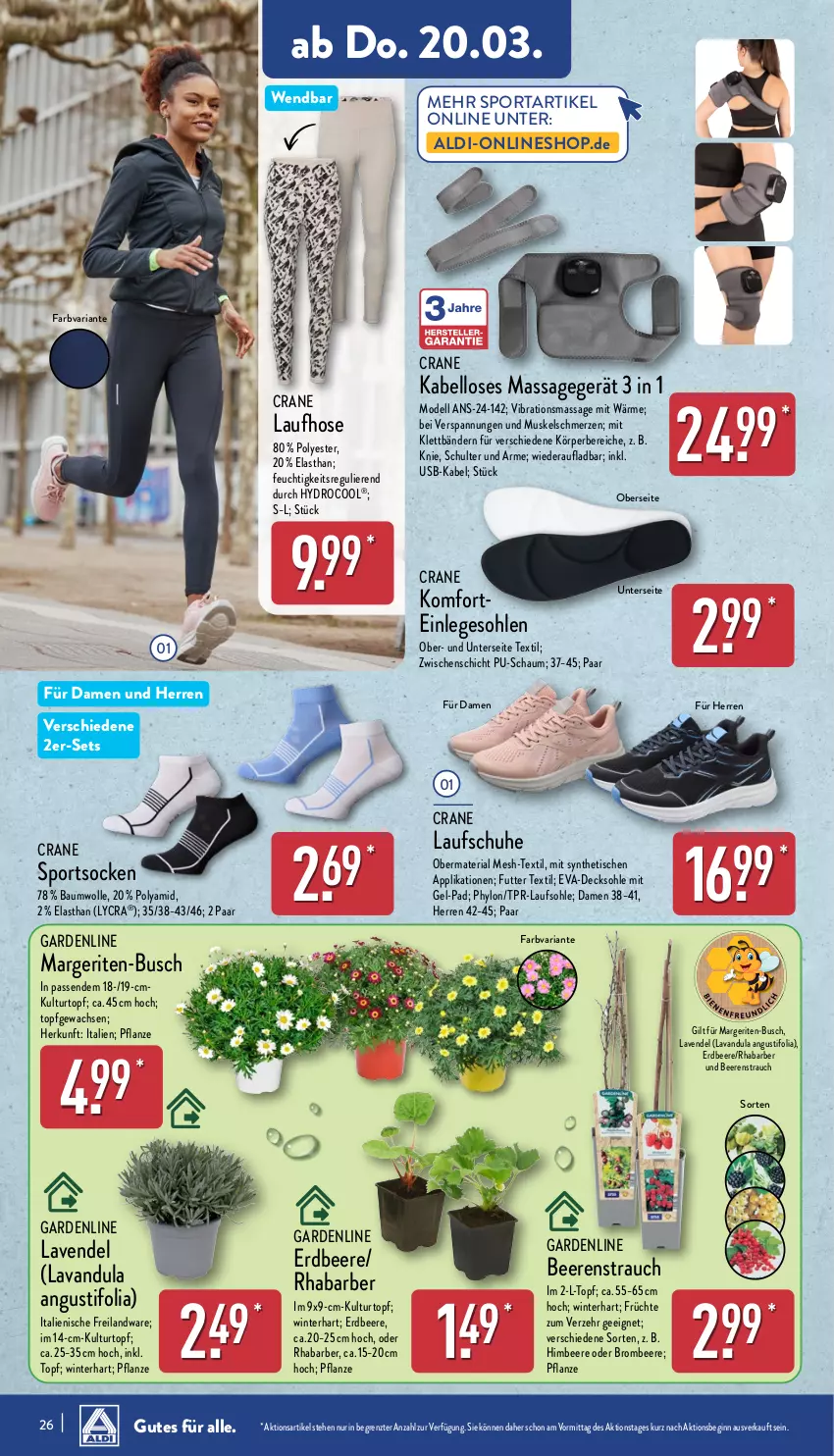 Aktueller Prospekt Aldi Nord - Von Montag - von 17.03 bis 22.03.2025 - strona 26 - produkty: aldi, Bau, baumwolle, beere, beeren, Blüte, Brei, brombeere, decksohle, dell, erdbeere, früchte, gin, himbeer, himbeere, hose, Hylo, kulturtopf, Laufhose, Laufschuhe, lavendel, Massagegerät, Mode, pflanze, Rauch, rhabarber, Ria, schuhe, socken, Sport, sportsocken, Ti, tisch, topf, usb, wolle, ZTE