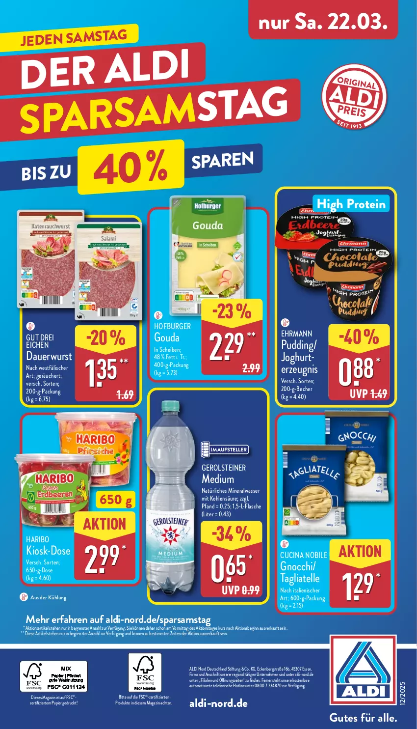 Aktueller Prospekt Aldi Nord - Von Montag - von 17.03 bis 22.03.2025 - strona 38 - produkty: aldi, Alwa, auer, auto, Becher, burger, cin, ehrmann, elle, flasche, gerolsteine, gerolsteiner, gin, gnocchi, gouda, haribo, joghur, joghurt, magazin, mineralwasser, natürliches mineralwasser, papier, pudding, steiner, tagliatelle, telefon, teller, Ti, wasser, wurst, ZTE