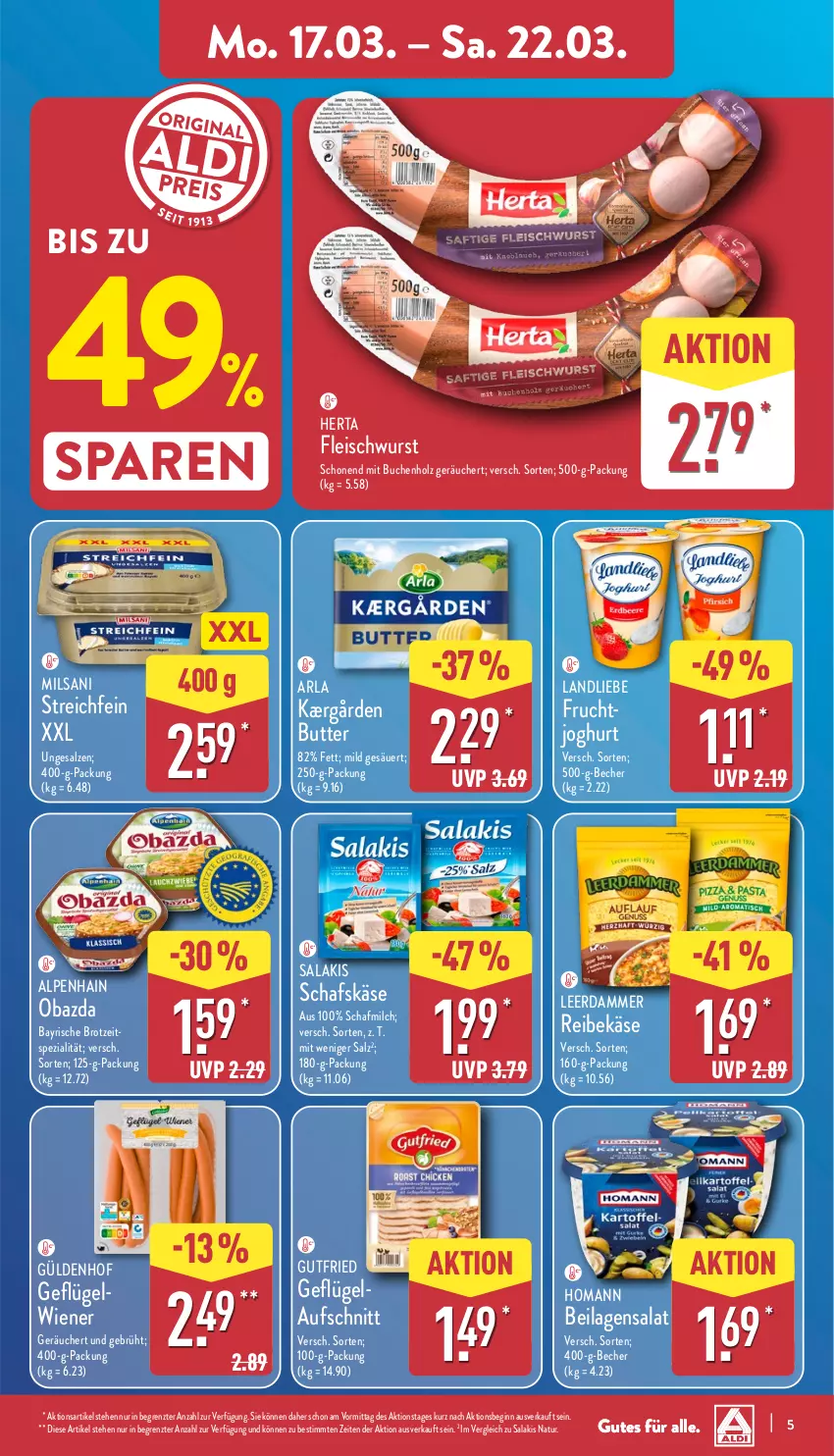 Aktueller Prospekt Aldi Nord - Von Montag - von 17.03 bis 22.03.2025 - strona 5 - produkty: Alpenhain, arla, aufschnitt, Becher, brot, buch, butter, eis, fleisch, fleischwurst, frucht, Geflügel, gin, gutfried, herta, Holz, homann, ilag, joghur, joghurt, Kærgården, Käse, landliebe, leerdammer, milch, natur, obazda, Reibekäse, salakis, salat, salz, schafskäse, Spezi, Ti, wiener, wurst, ZTE