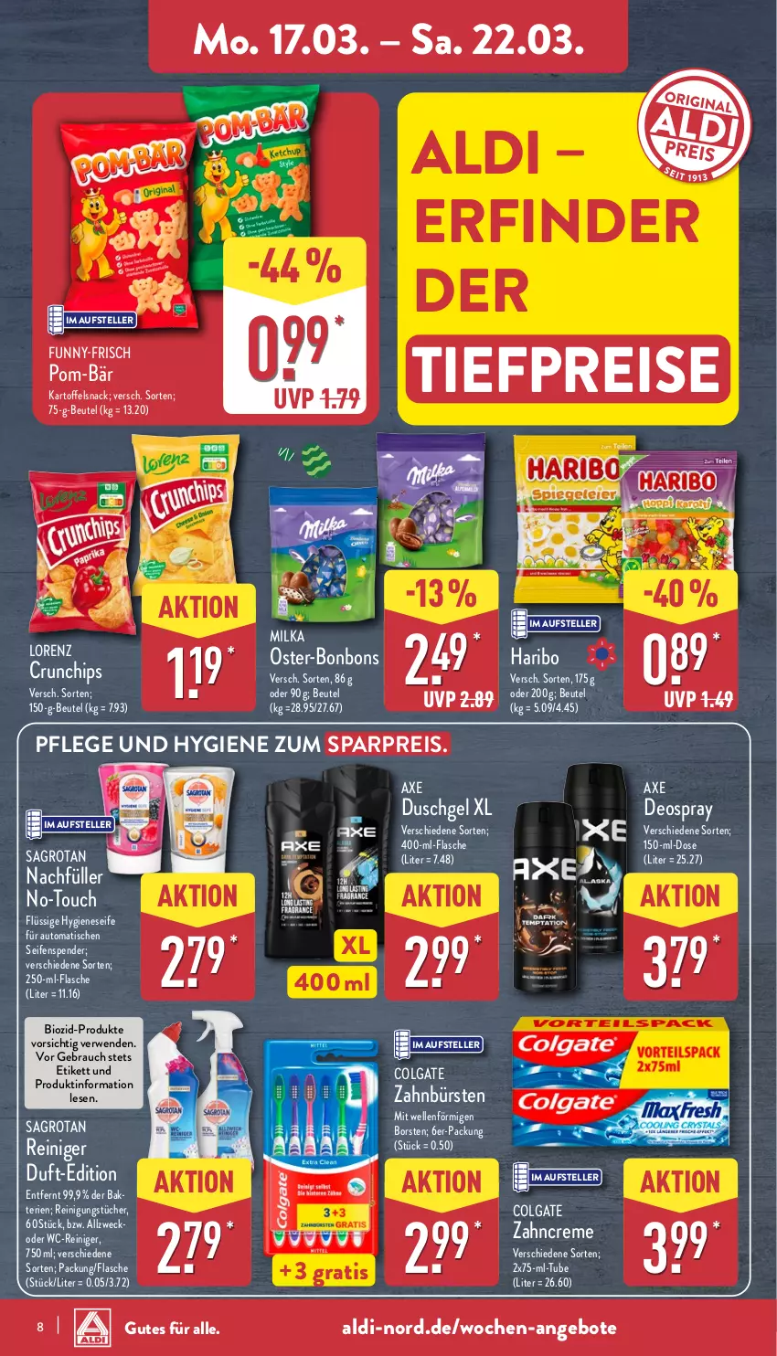 Aktueller Prospekt Aldi Nord - Von Montag - von 17.03 bis 22.03.2025 - strona 8 - produkty: aldi, angebot, angebote, auto, axe, axe duschgel, beutel, bio, bonbons, bürste, bürsten, chips, colgate, creme, crunchips, deo, deospray, duschgel, eis, elle, flasche, funny-frisch, haribo, kartoffel, LG, lorenz, lorenz crunchips, milka, pom-bär, Rauch, reiniger, Reinigung, reinigungstücher, reis, rwe, sagrotan, Seife, seifenspender, snack, teller, Ti, tiefpreis, tisch, tücher, wc-reiniger, weck, zahnbürste, zahnbürsten, zahncreme