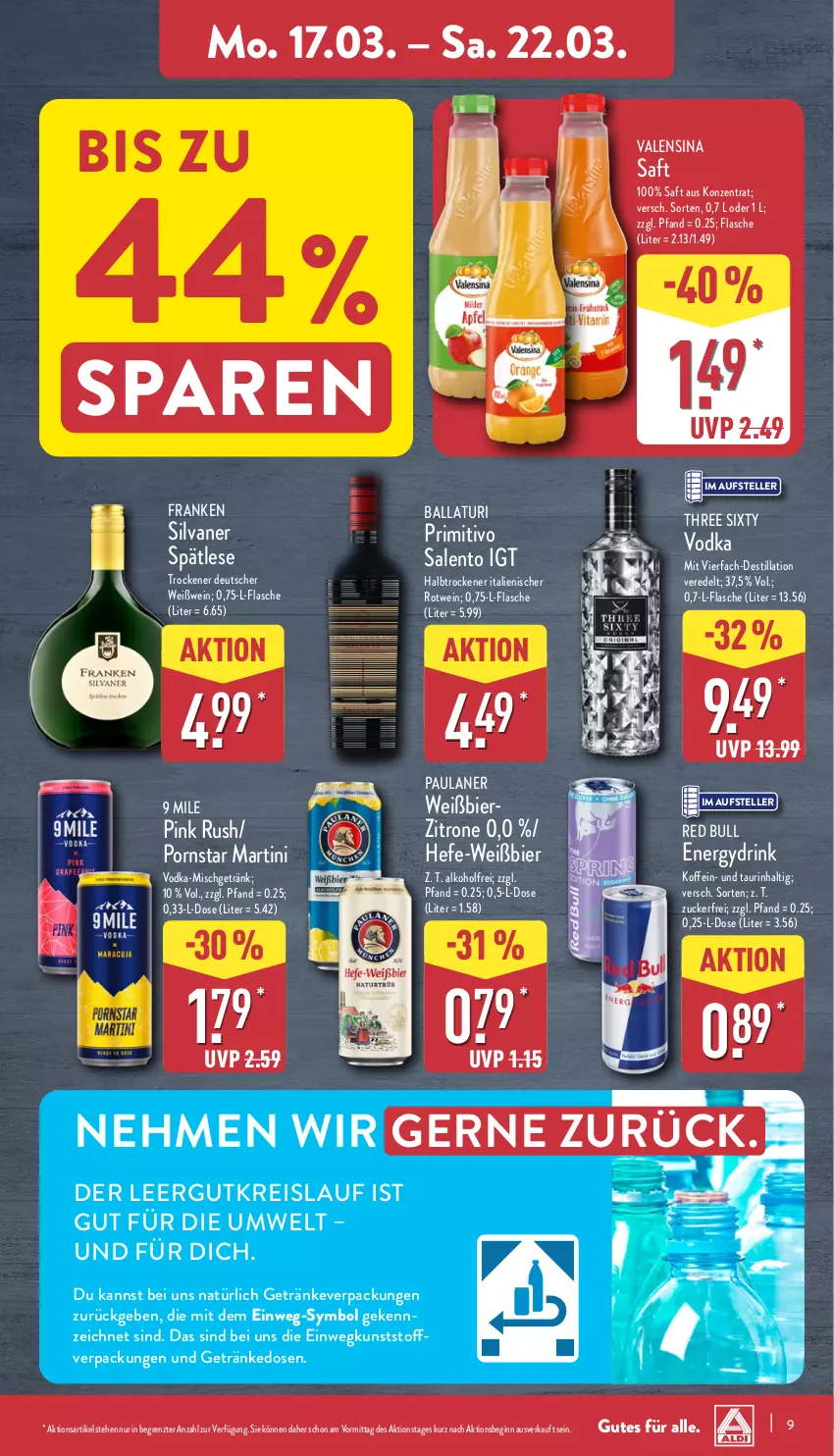 Aktueller Prospekt Aldi Nord - Von Montag - von 17.03 bis 22.03.2025 - strona 9 - produkty: alkohol, ball, bier, drink, eis, elle, flasche, getränk, getränke, gin, Hefe, martini, Paula, paulaner, primitivo, red bull, reis, rotwein, saft, silvaner, teller, Three Sixty, Ti, valensina, vodka, wein, Weißwein, zitrone, ZTE, zucker