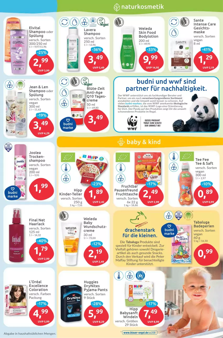 Aktueller Prospekt Budni - Prospekte - von 07.08 bis 12.08.2023 - strona 3 - produkty: arla, auer, Bad, Badeperlen, bett, Blüte, body, bodylotion, creme, DryNites, elle, elvital, Engel, frucht, Haarlack, hipp, Huggies, Kinder, l'oreal, lack, lavera, leine, Lotion, Maske, Pants, perlen, Pyjama, Q10, regal, saft, SANTE, senf, shampoo, shampoo oder spülung, snack, snacks, Spezi, spülung, tagescreme, Tasche, tee, teller, Ti, vita, weleda, WICK, windeln